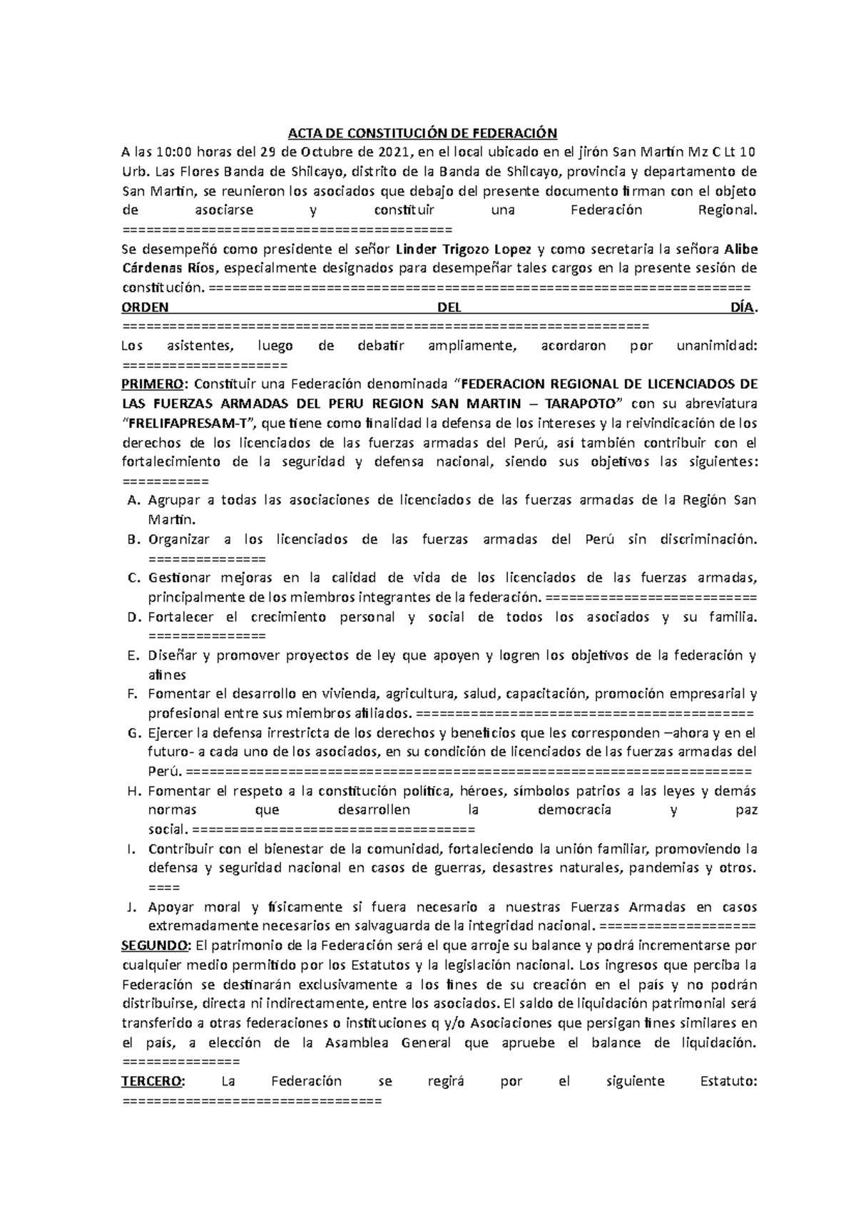ACTA DE Federacion ACTA DE CONSTITUCIÓN DE FEDERACIÓN A las 1000