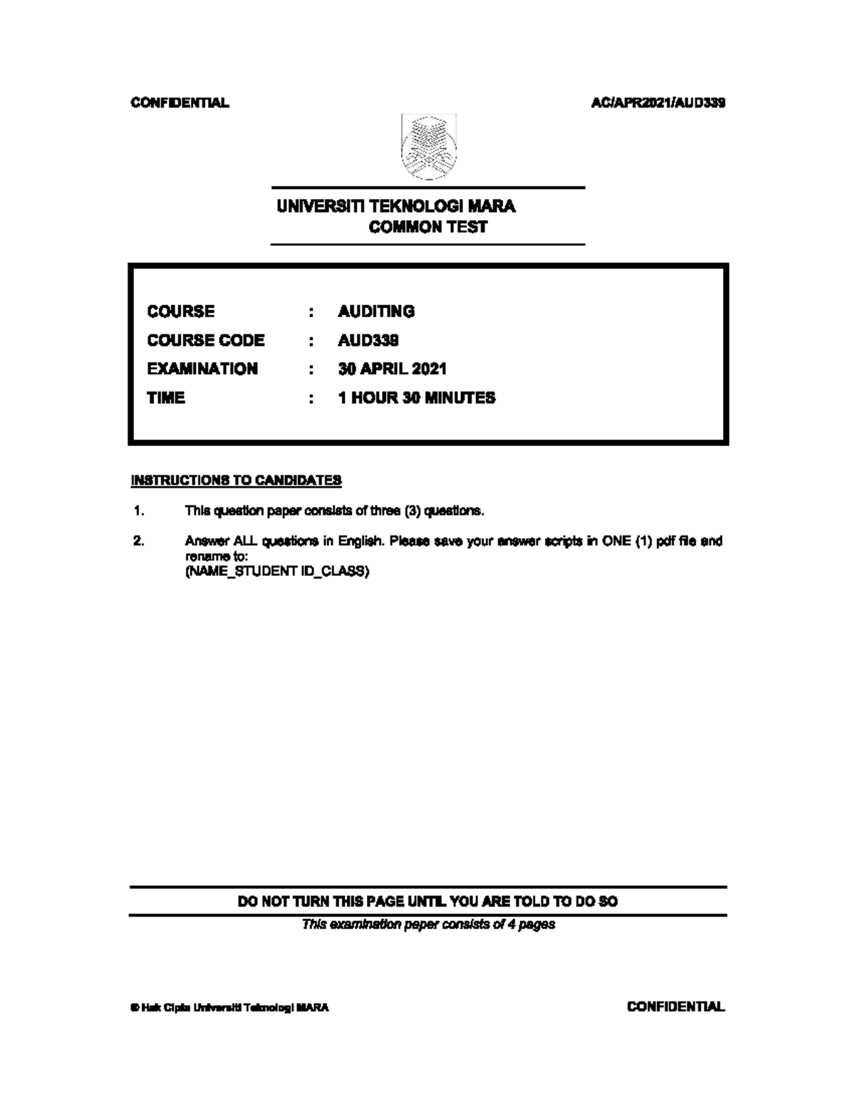 CT AUD339 APR2021 Q - soalan common test untuk revision - Auditing ...