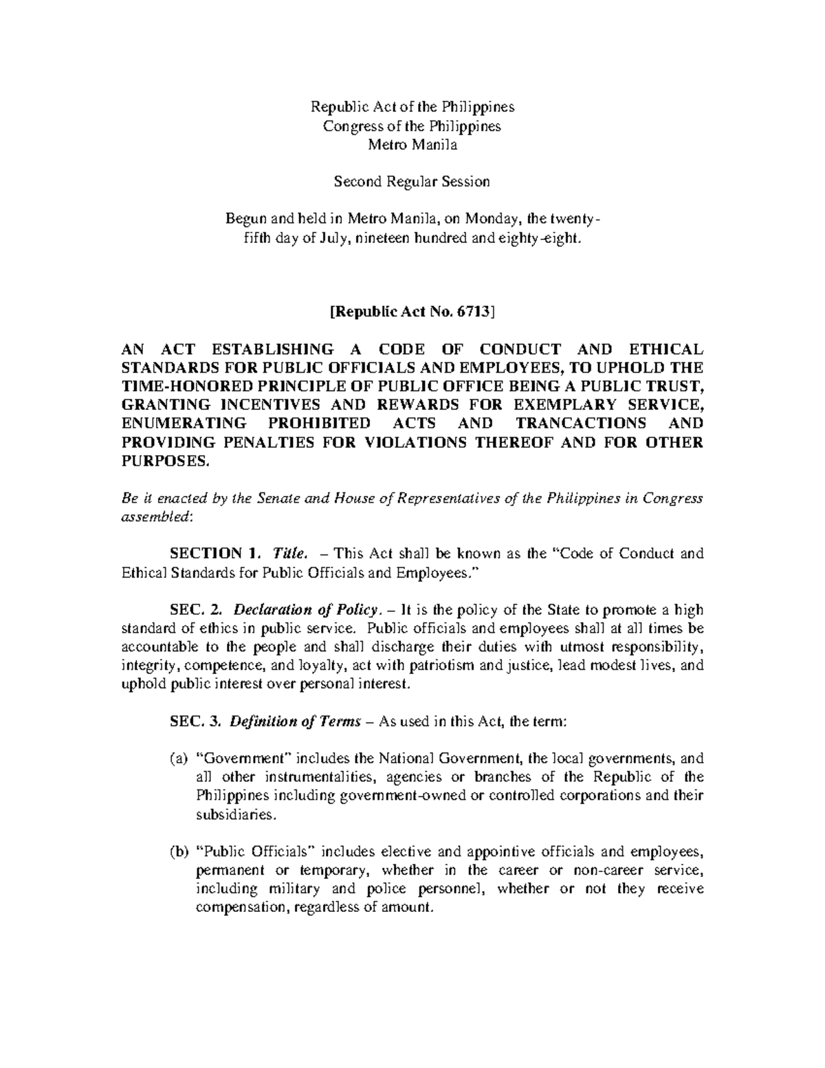 RA6713 - Reviewer - Republic Act Of The Philippines Congress Of The ...