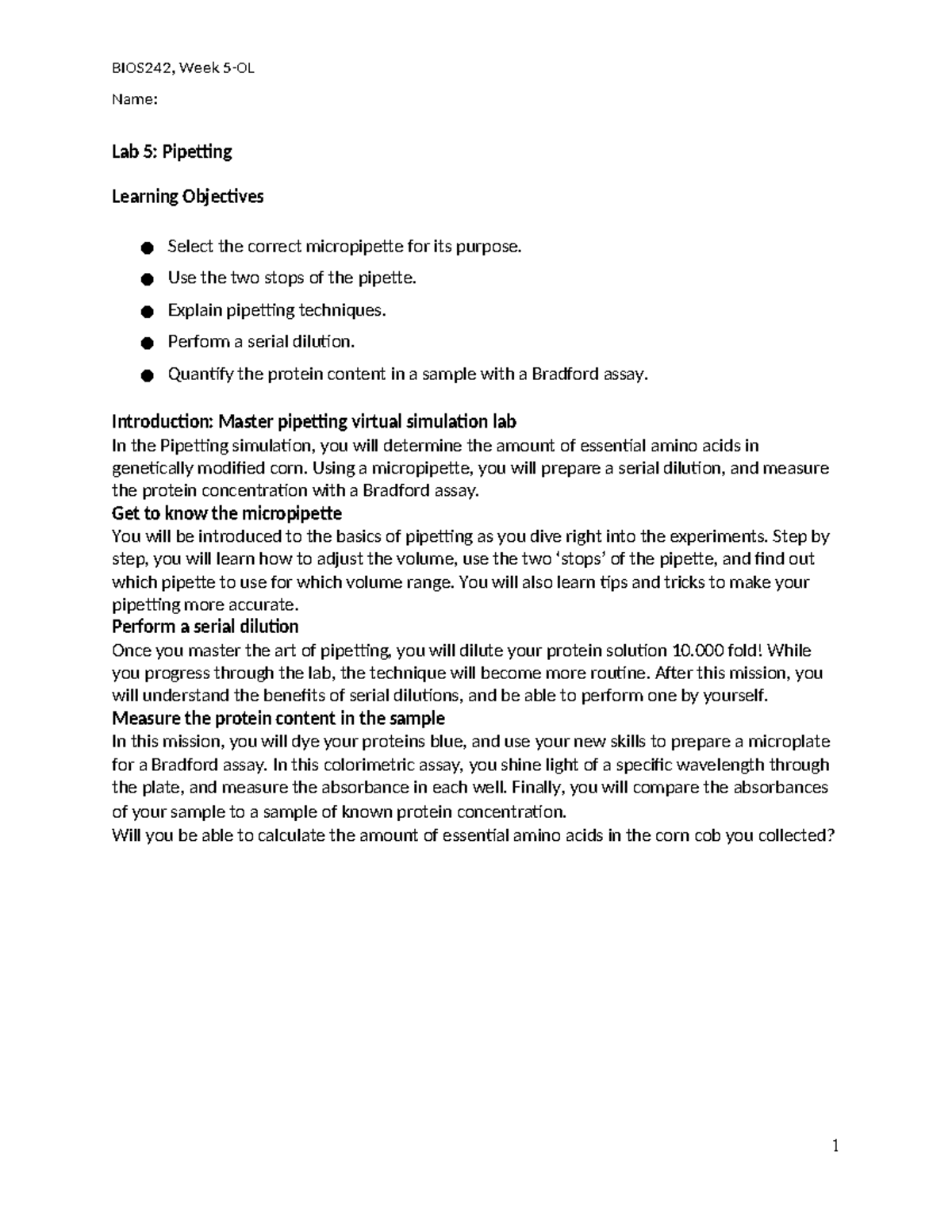 OL Pipetting BIOS242, Week 5OL Name Lab 5 Pipetting Learning