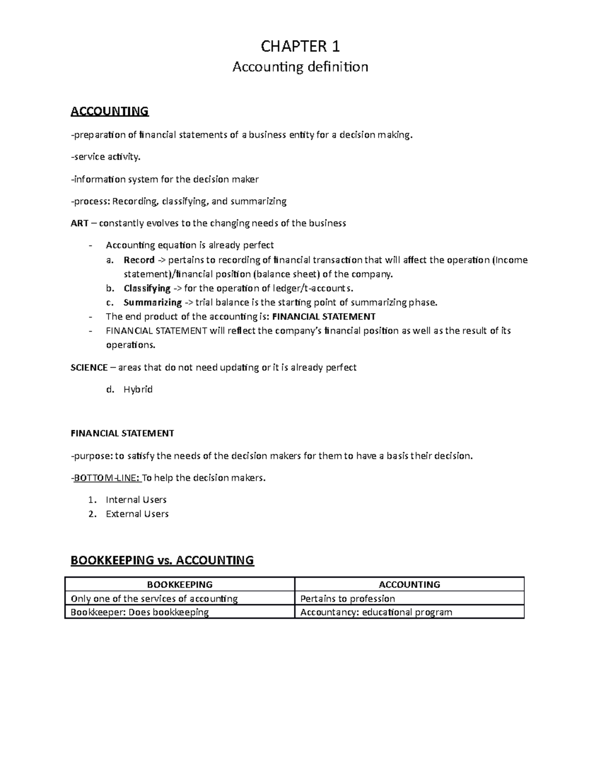 Accounting Chapter 1 notes - ACCT 20200 - Notre Dame - Studocu