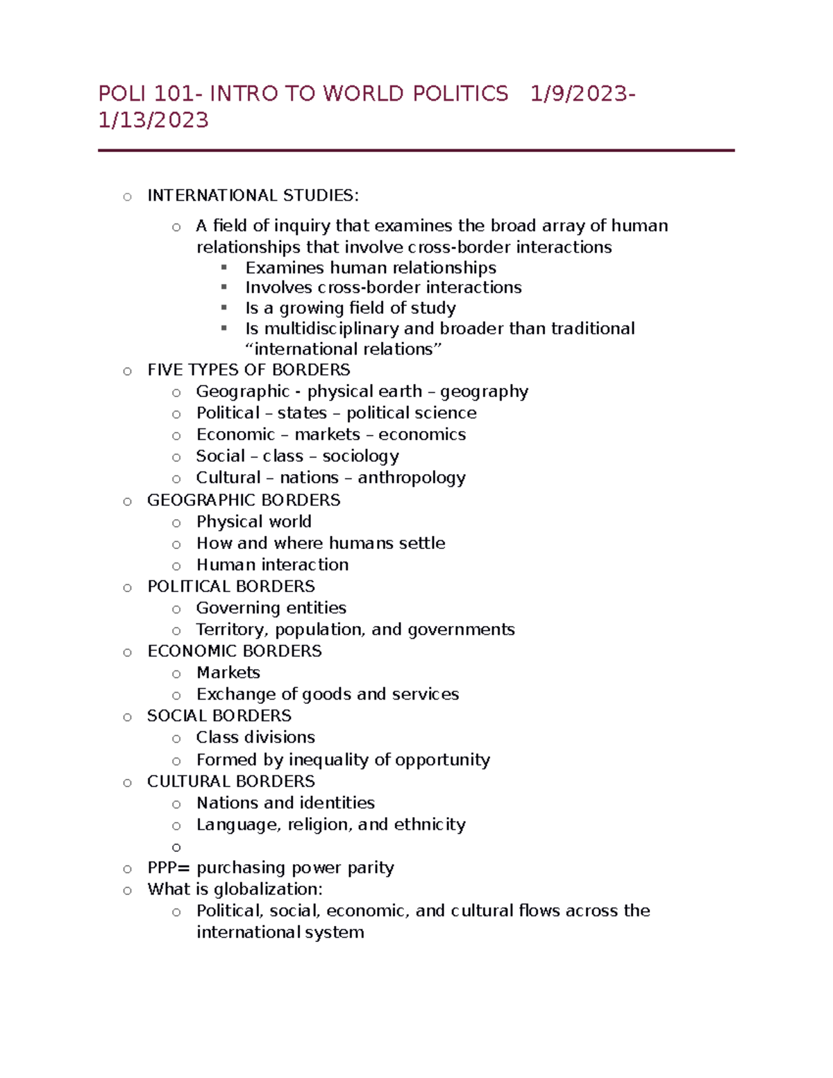 POLI 101 Notes 1 - POLI 101- INTRO TO WORLD POLITICS 1/9/2023- 1/13/ o ...
