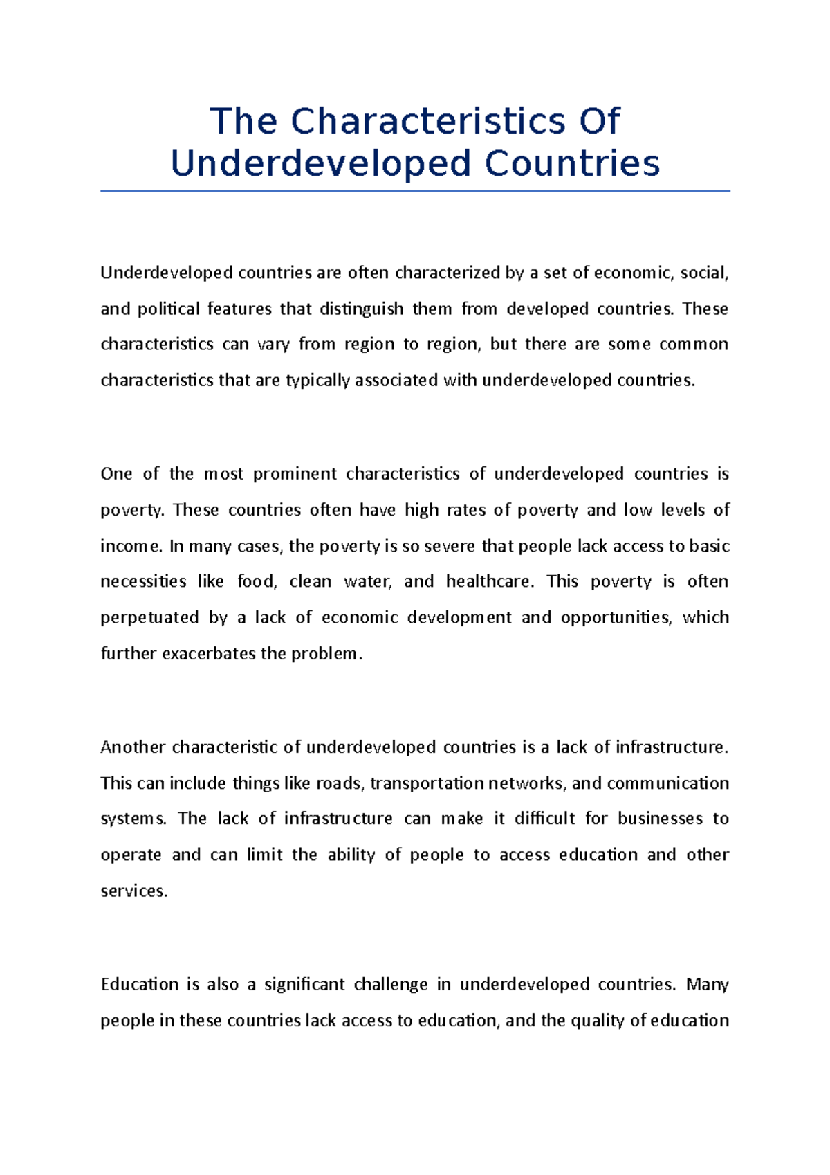 The Characteristics Of Underdeveloped Countries The Characteristics