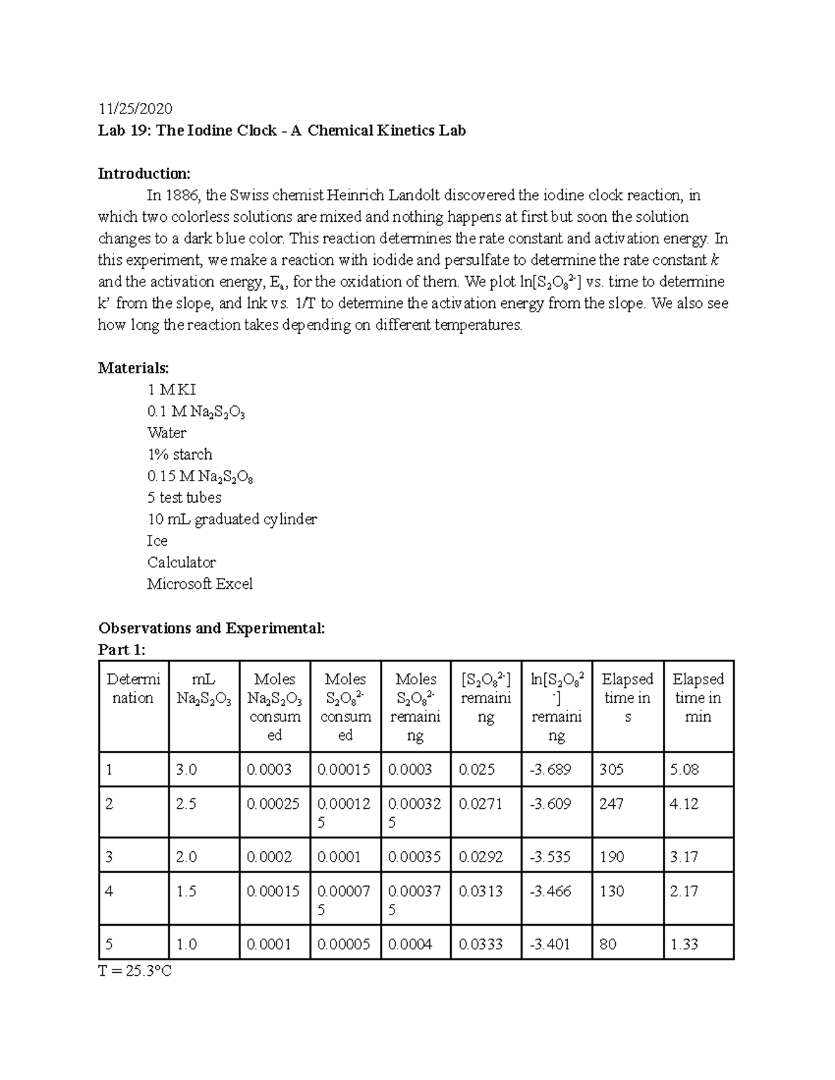 Lab 19 + 20 - Lab 19 And 20 - 11/25/ Lab 19: The Iodine Clock - A ...