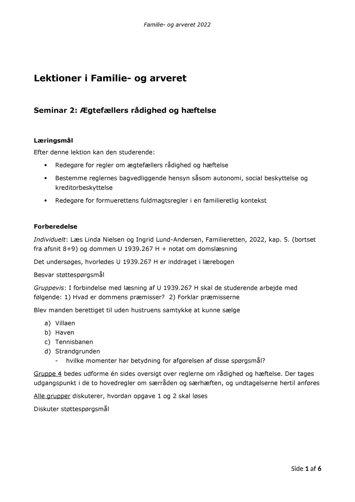 Forberedelse Til S 2 Lektioner I Familie Og Arveret Seminar 2