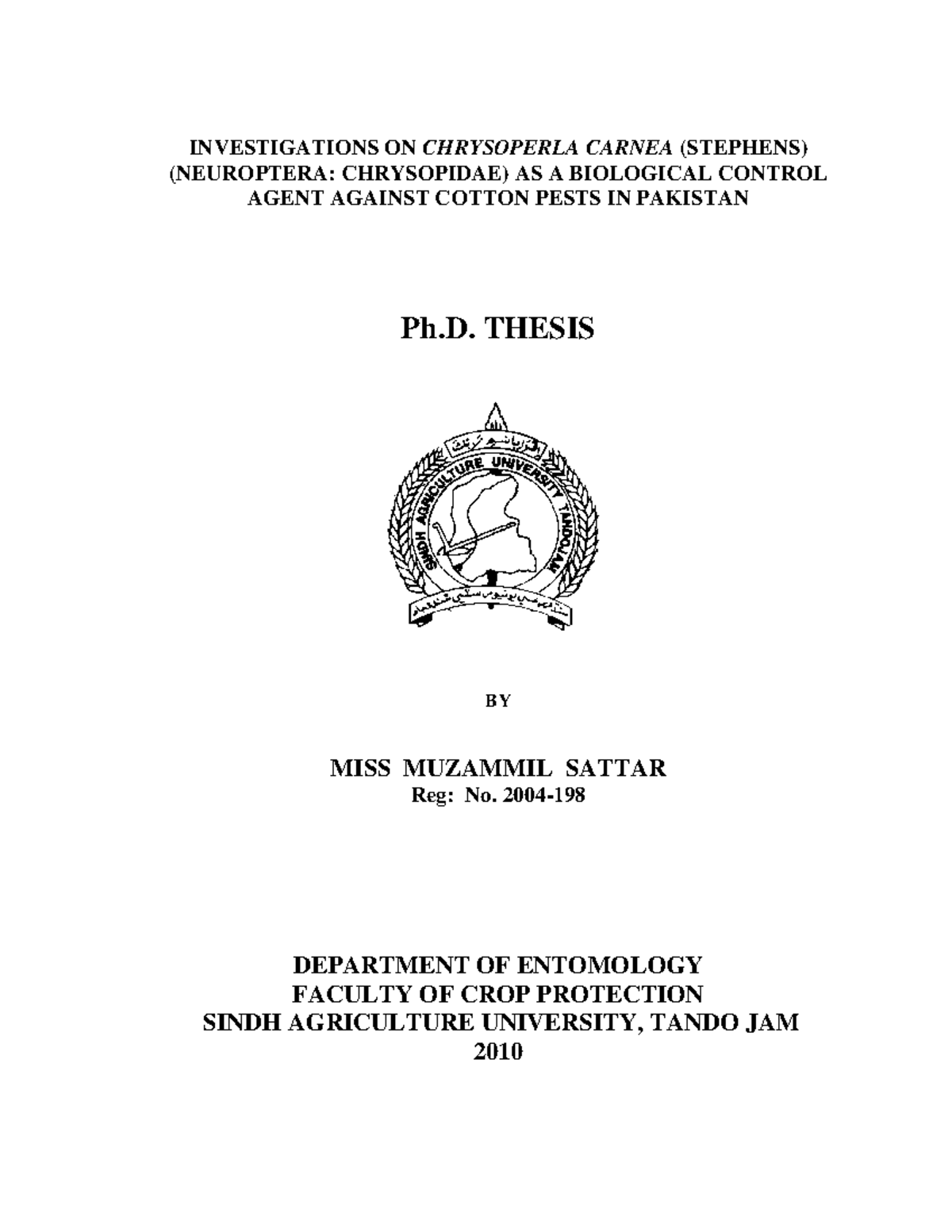 Ph.D. Thesis - Investigations ON Chrysoperla Carnea ( Stephens) - 2010 ...