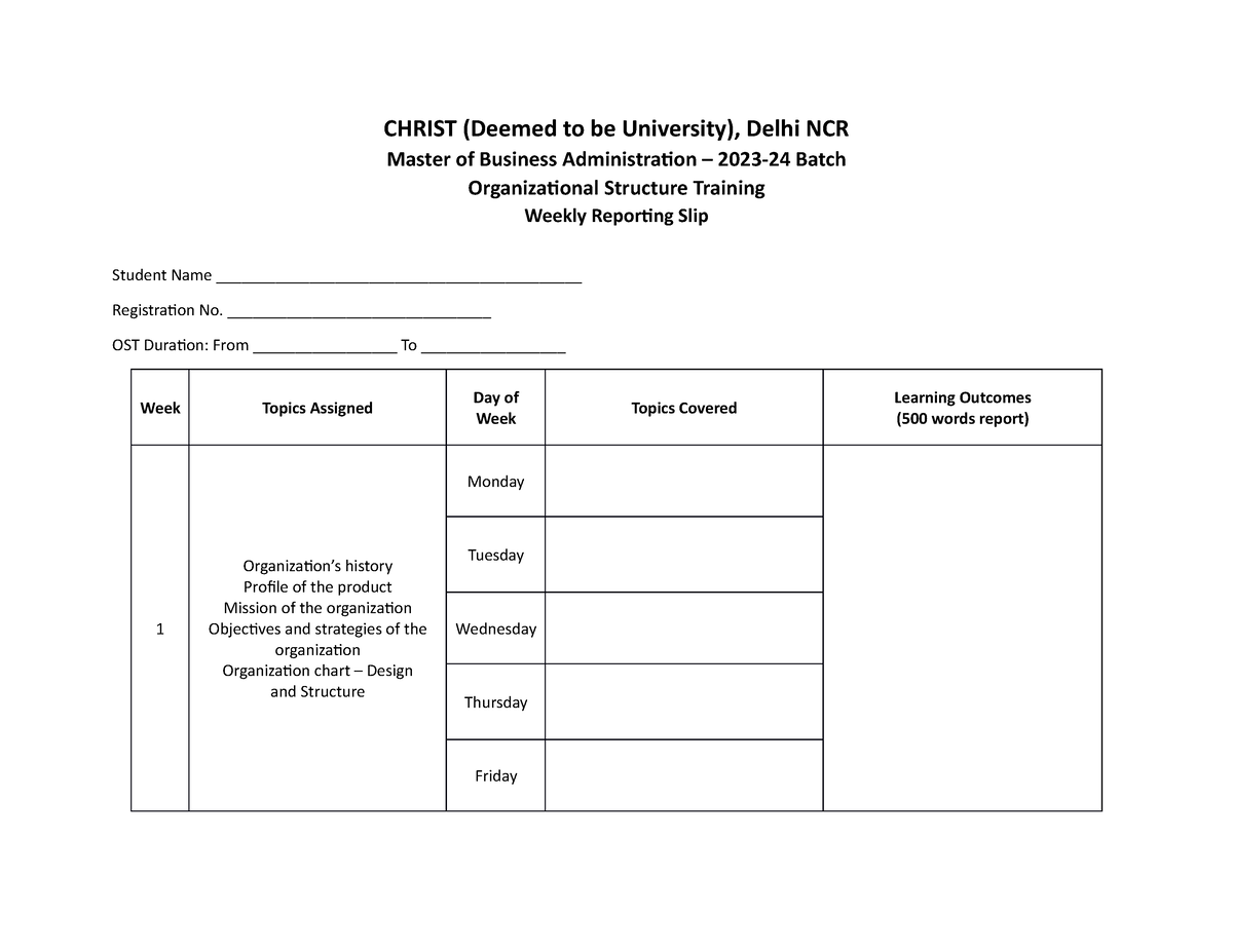 Weekly Reporting - CHRIST (Deemed to be University), Delhi NCR Master ...