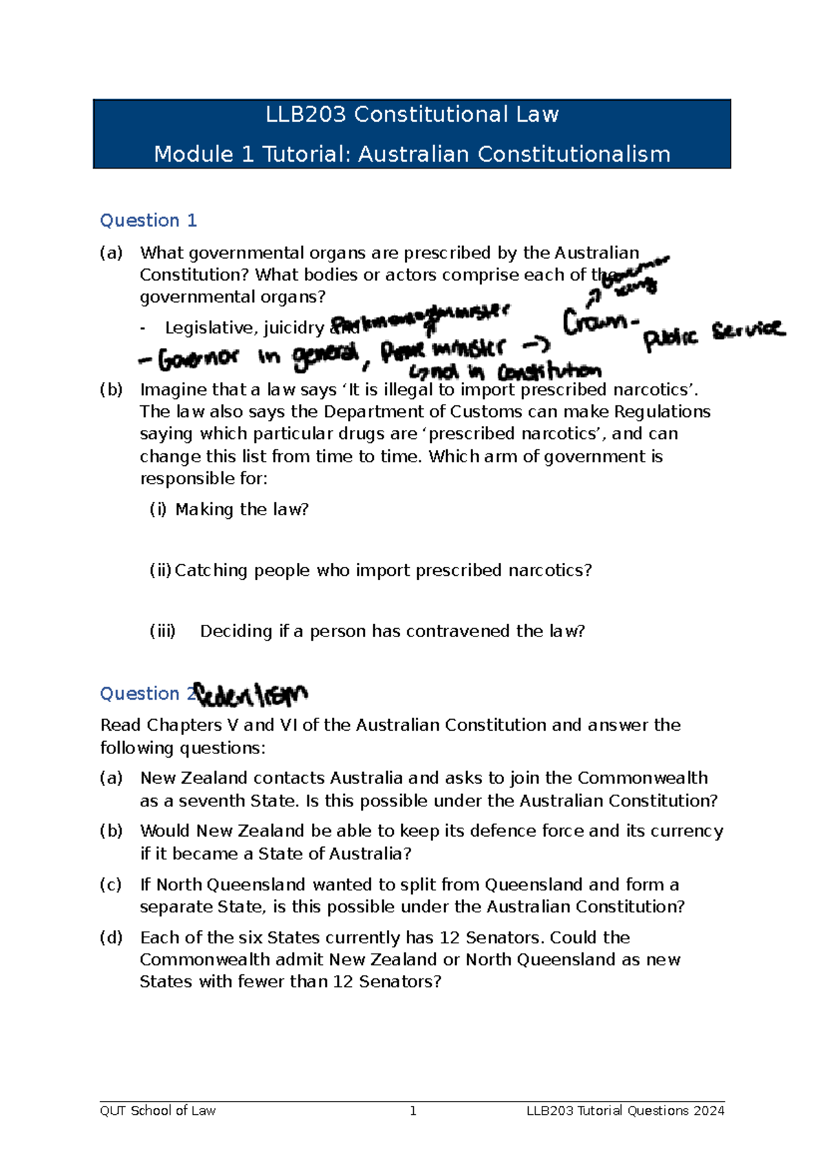 Module 1 Tutorial Questions - Australian Constitutionalism-1 - LLB203 ...
