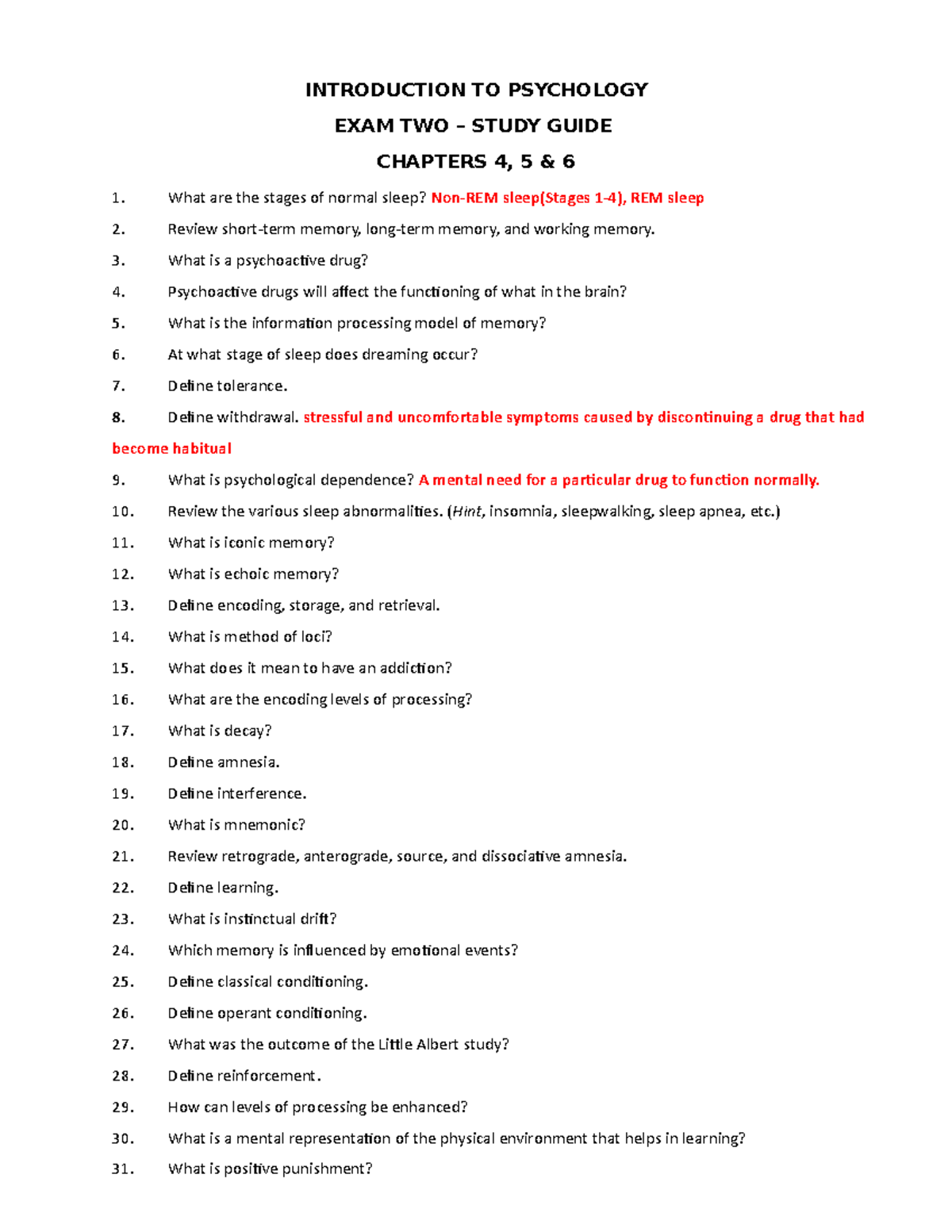 Study Guide - EXAM 2 - INTRODUCTION TO PSYCHOLOGY EXAM TWO – STUDY ...