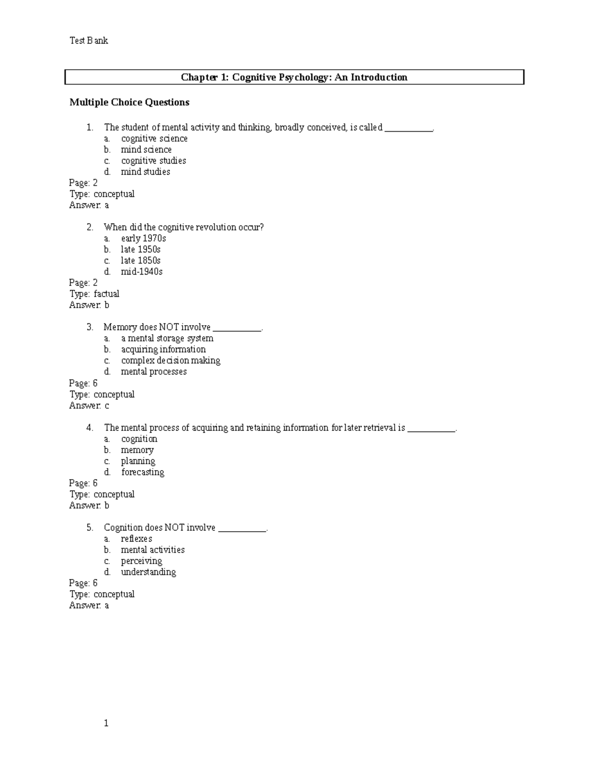 Test Q 2019, Questions And Answers - Test Bank Chapter 1: Cognitive ...