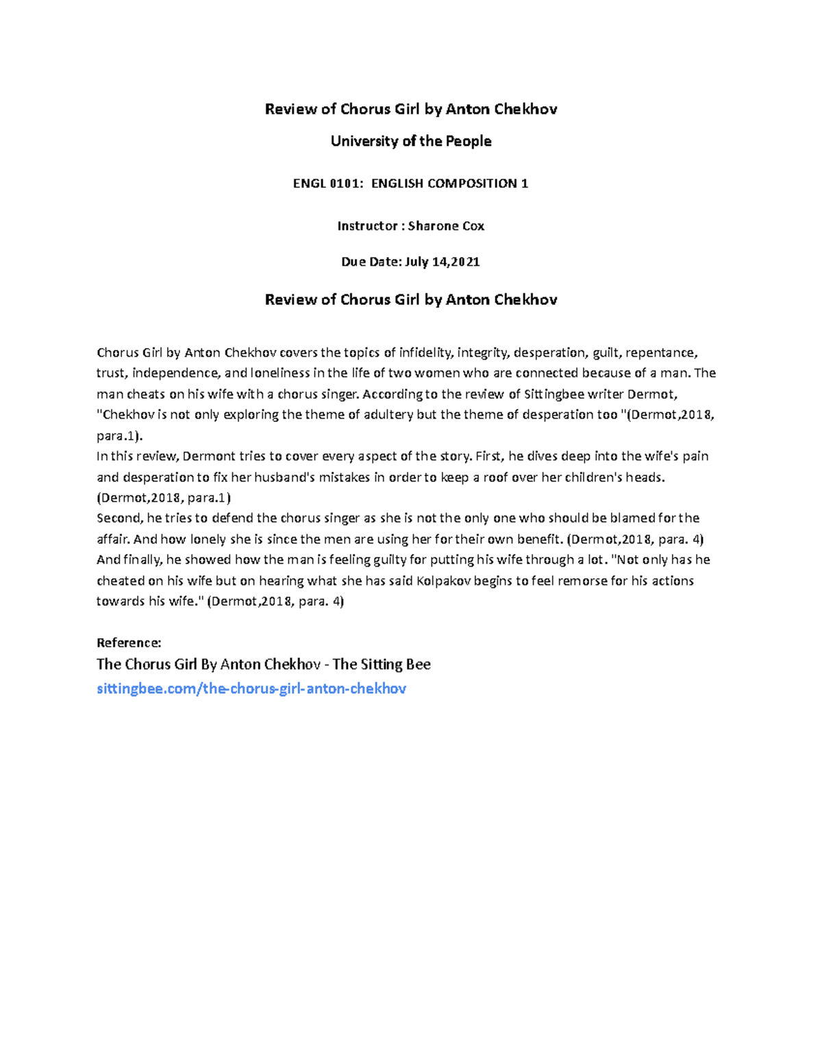 Review of Chorus Girl by Anton Chekhov Review of Chorus Girl by Anton