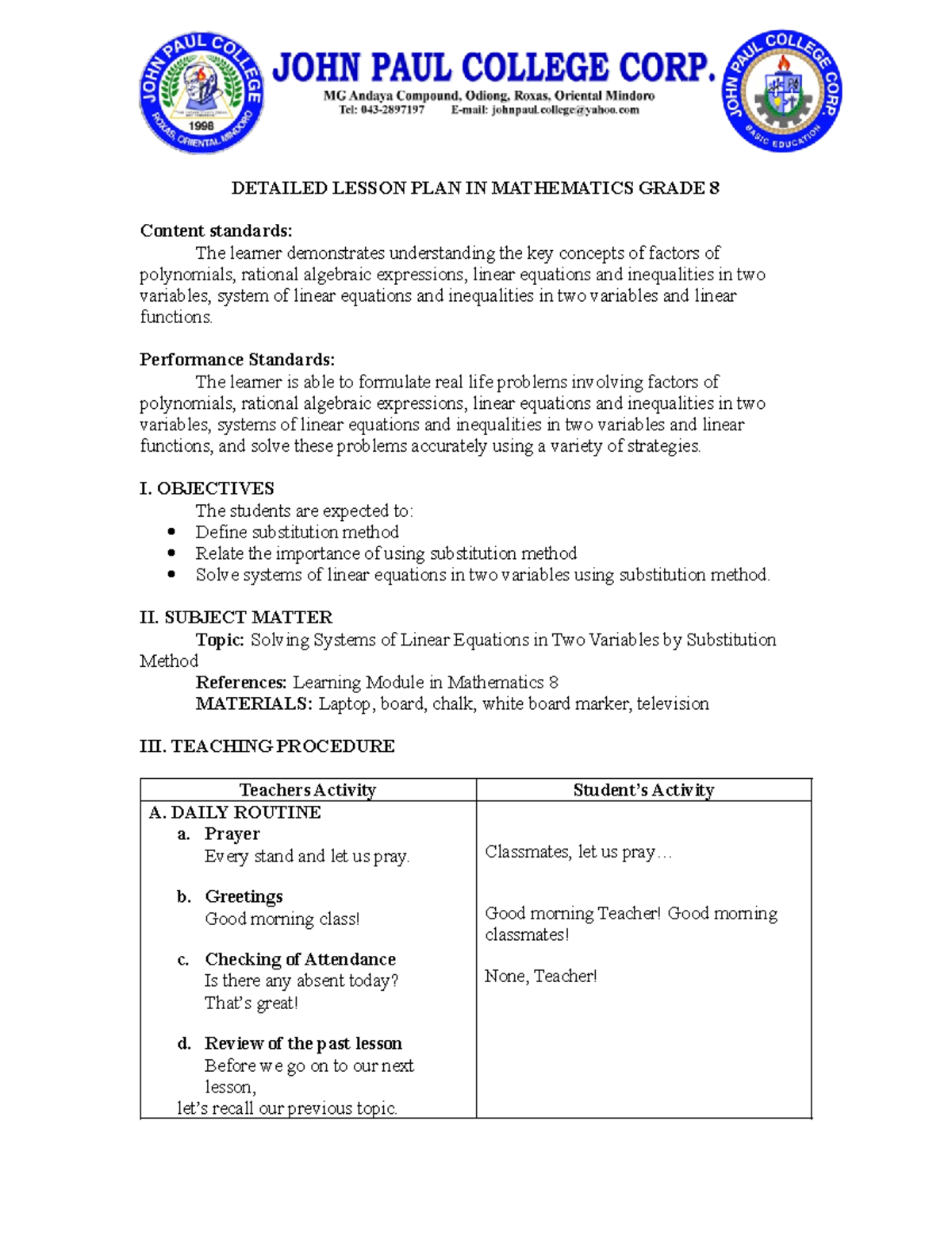 Cy.Lp - Math - DETAILED LESSON PLAN IN MATHEMATICS GRADE 8 Content ...