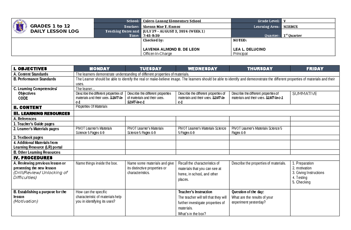 DLL Science 5 Q1 W1 - DLL - GRADES 1 to 12 DAILY LESSON LOG School ...