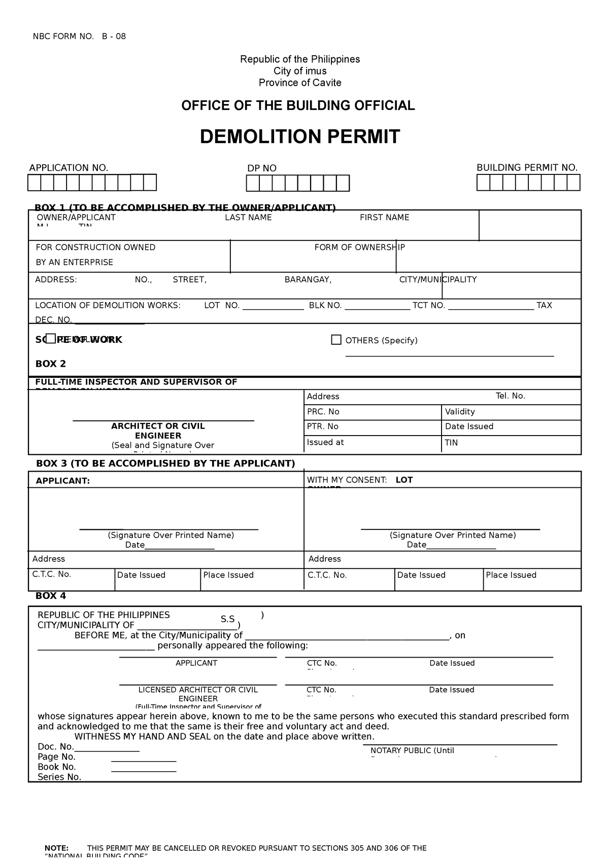 09 Demolition Permit (front) - NBC FORM NO. B - 08 Republic of the