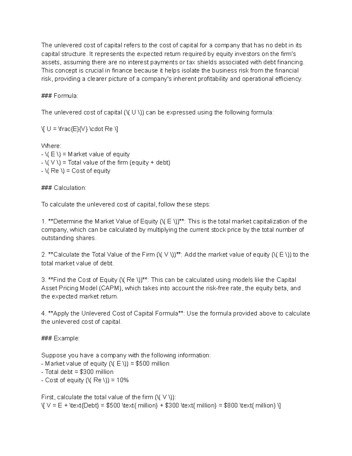 FNCE 163 U Penn Corporate Finance Lecture notes The unlevered cost