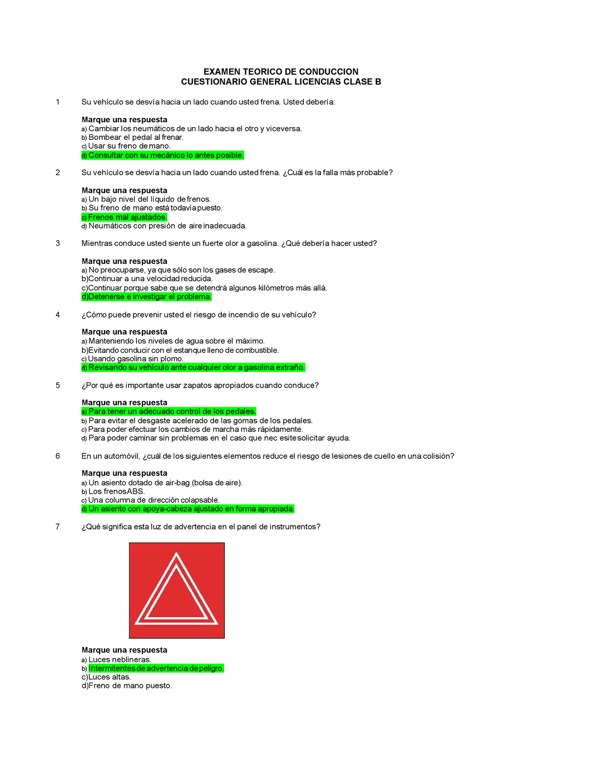 Cuestionario Clase B Con Respuestas Marcadas - EXAMEN TEORICO DE ...