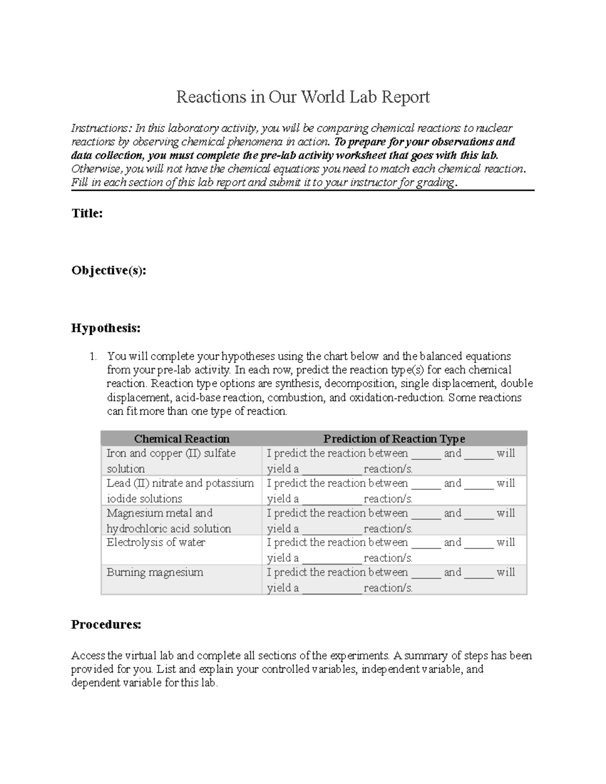Lab report not sure Reactions in Our World Lab Report Instructions