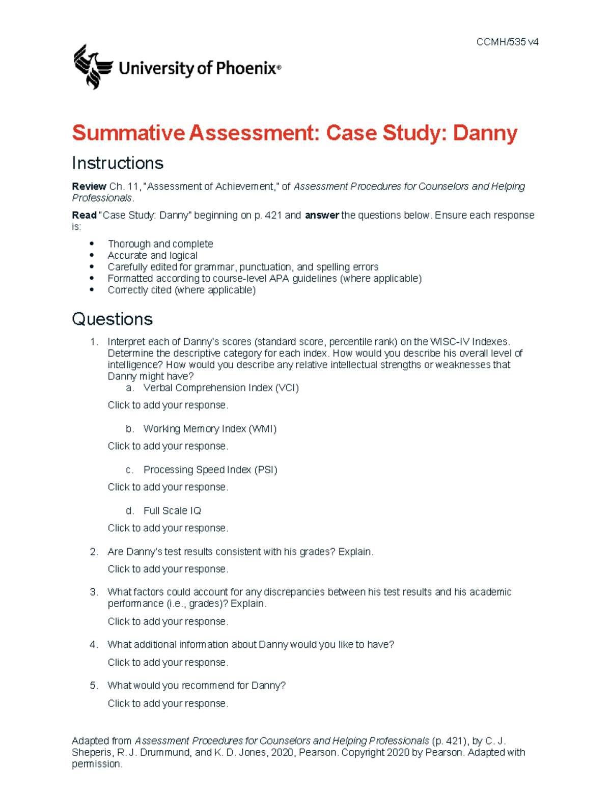 Ccmh535 v4 wk4 summative assessment case study danny - CCMH/535 v ...