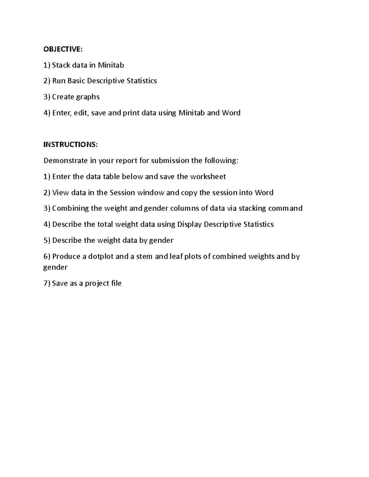 LAB 1 - lab 1 report - OBJECTIVE: 1) Stack data in Minitab 2) Run Basic ...