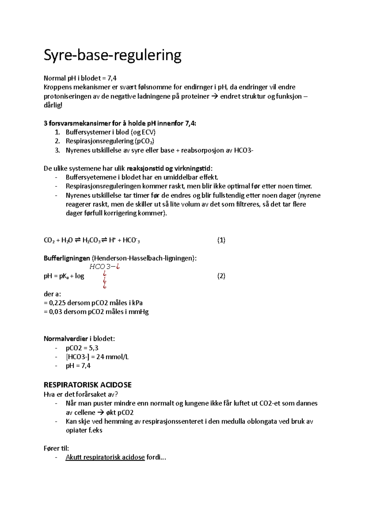 Syre-base Regulering - Syre-base-regulering Normal PH I Blodet = 7 ...