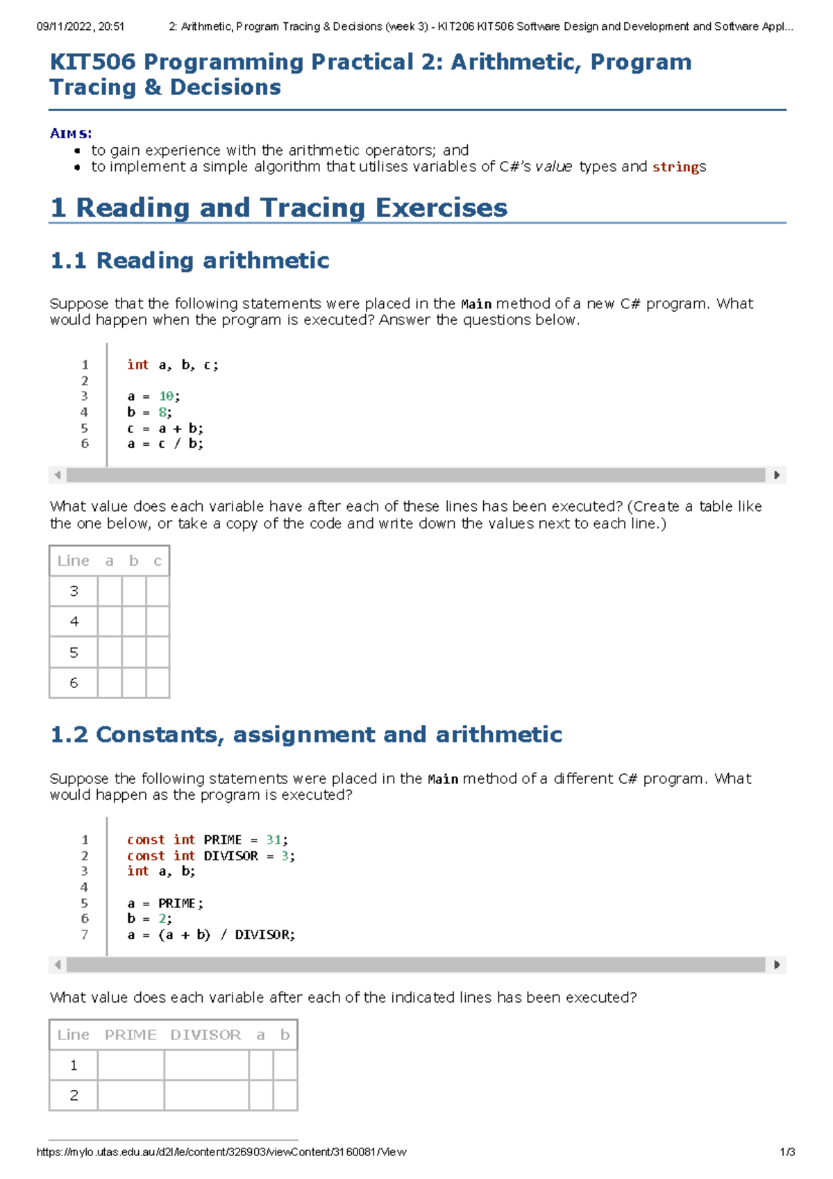 2 Arithmetic, Program Tracing Decisions (week 3) - KIT206 KIT506 ...