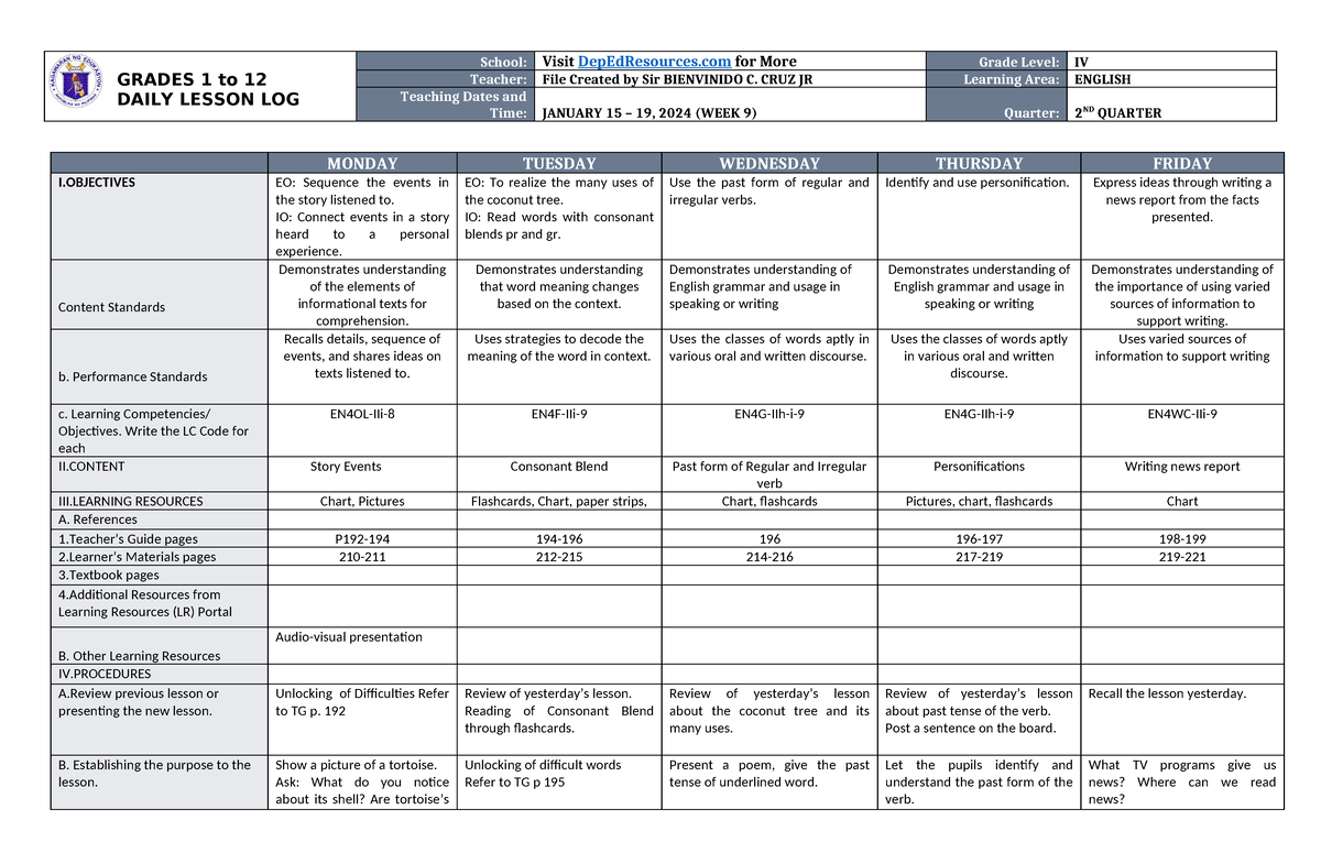 Dll English 4 Q2 W9 Grades 1 To 12 Daily Lesson Log School Visit Depedresources For More 8603