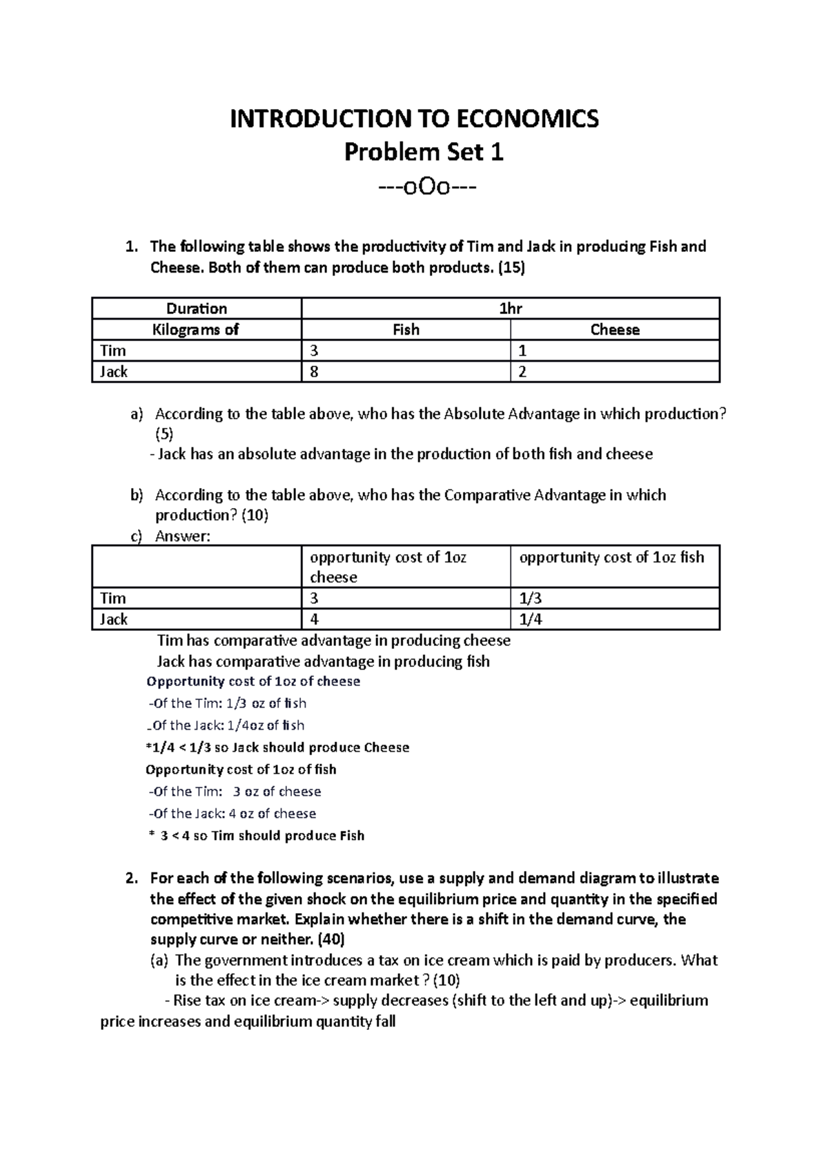 Ps1 6 2022 Assignment Introduction To Economics Problem Set 1 Ooo The Following Table 0709