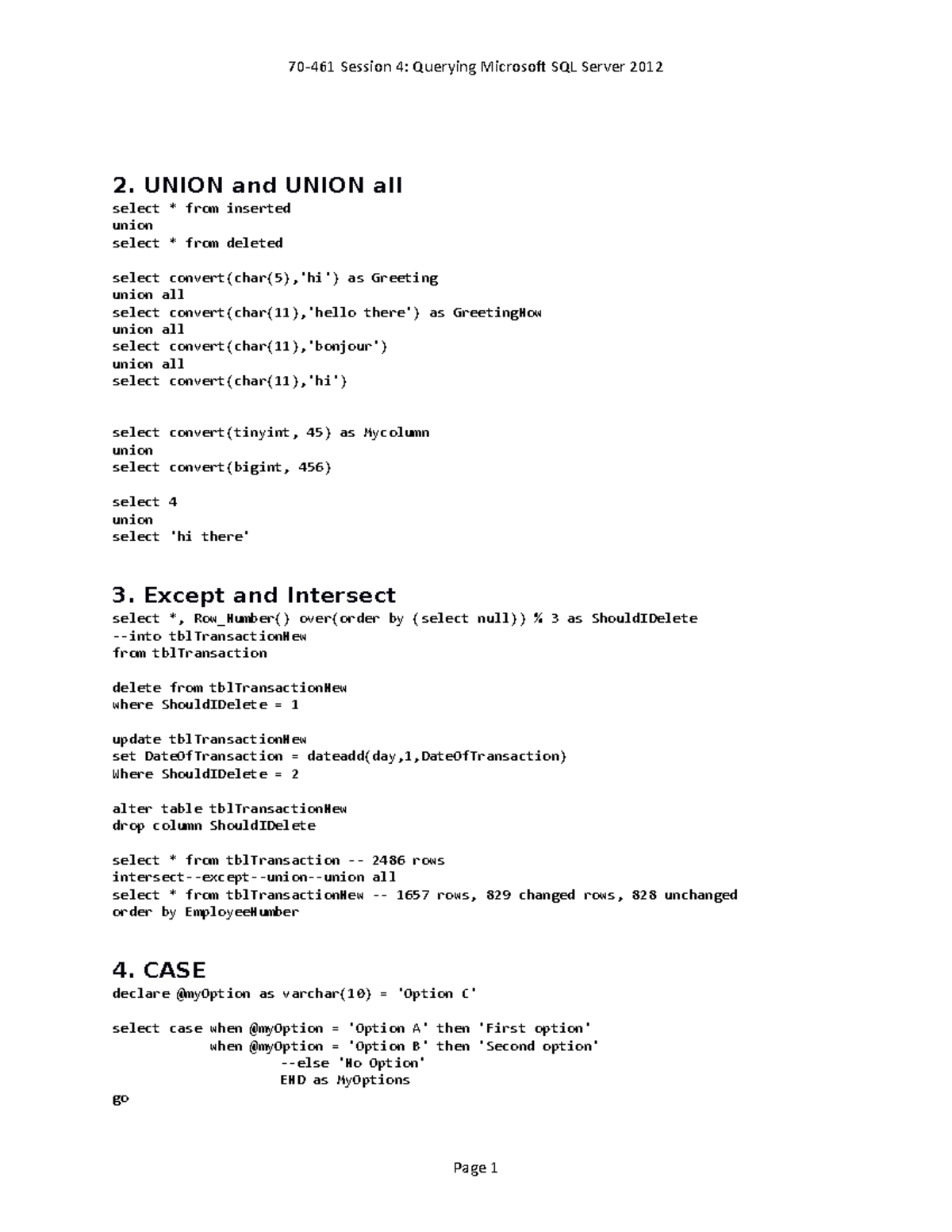 70 461Session 4 150721 2 UNION And UNION All Select From Inserted