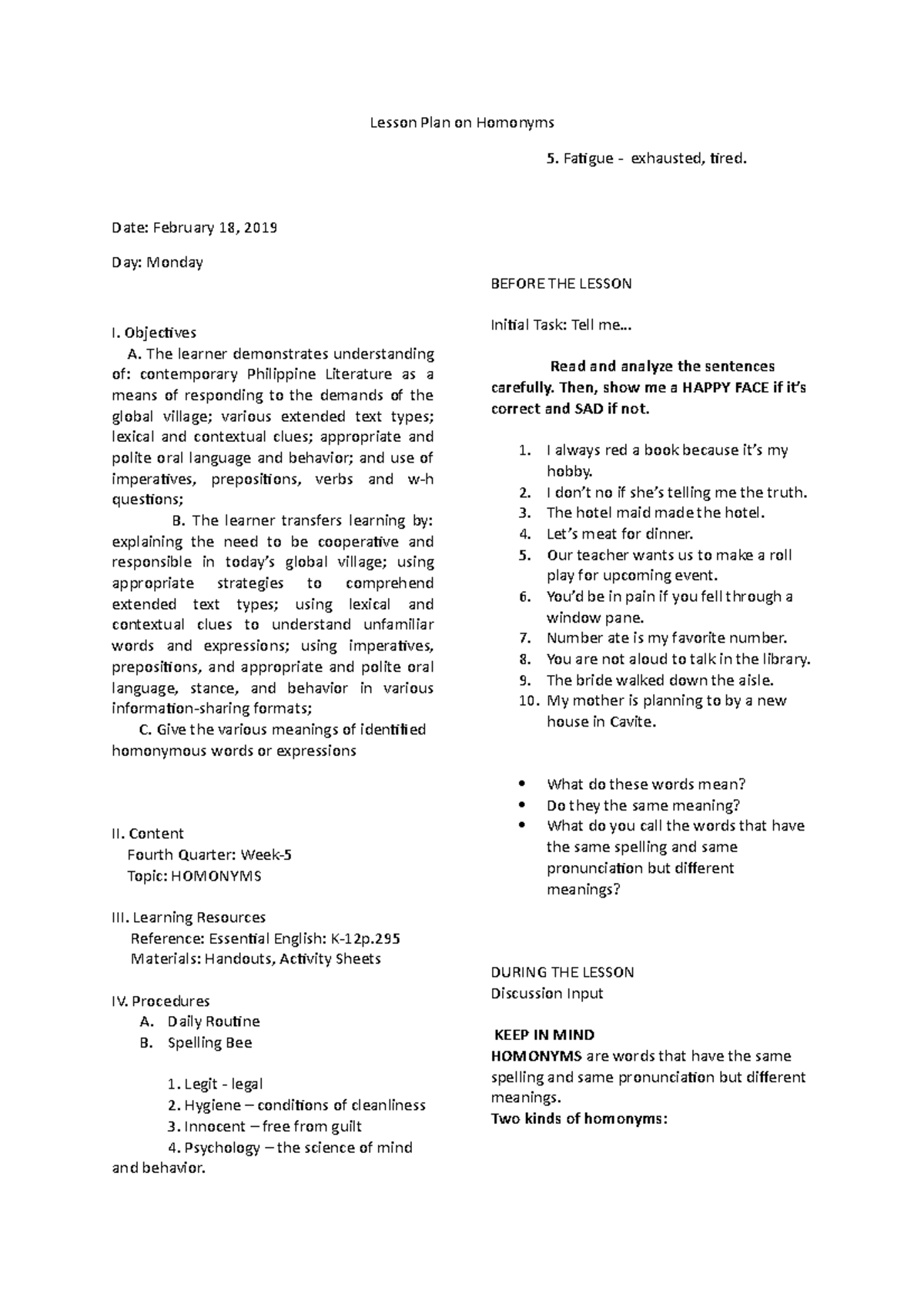 Lesson Plan on Homonyms Final Lesson Plan on Homonyms Date February