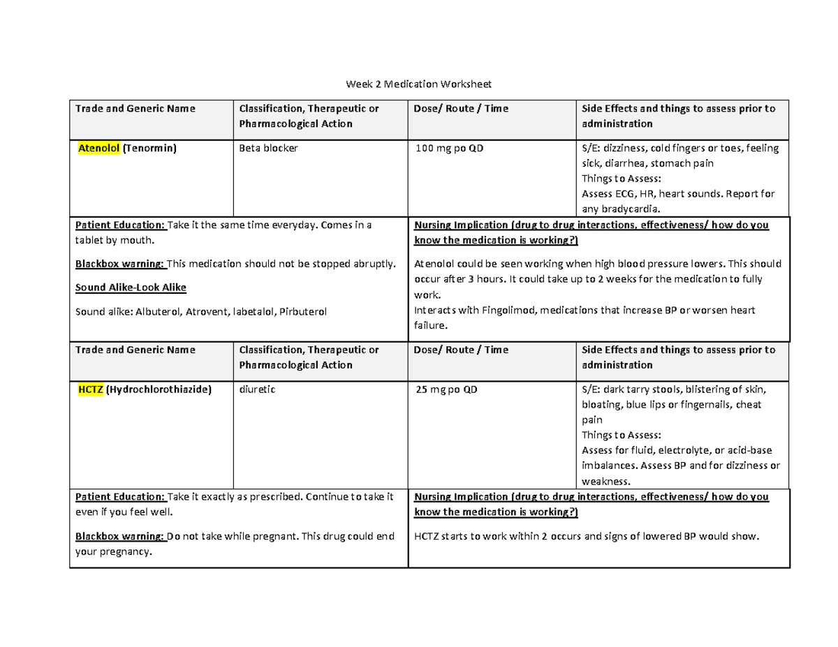 Wk2 Medication Worksheet - Week 2 Medication Worksheet Trade and ...