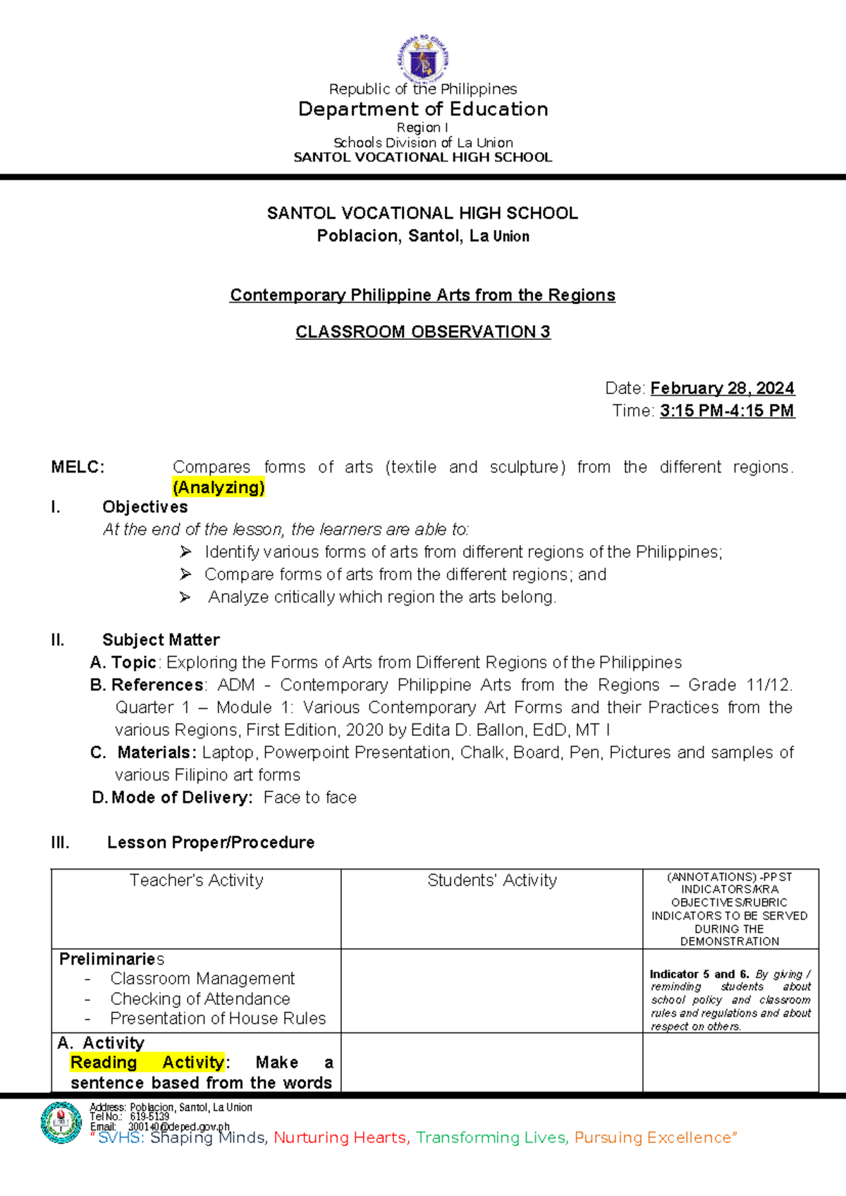 CPAR - COT 3 - A sample lesson plan - Republic of the Philippines ...