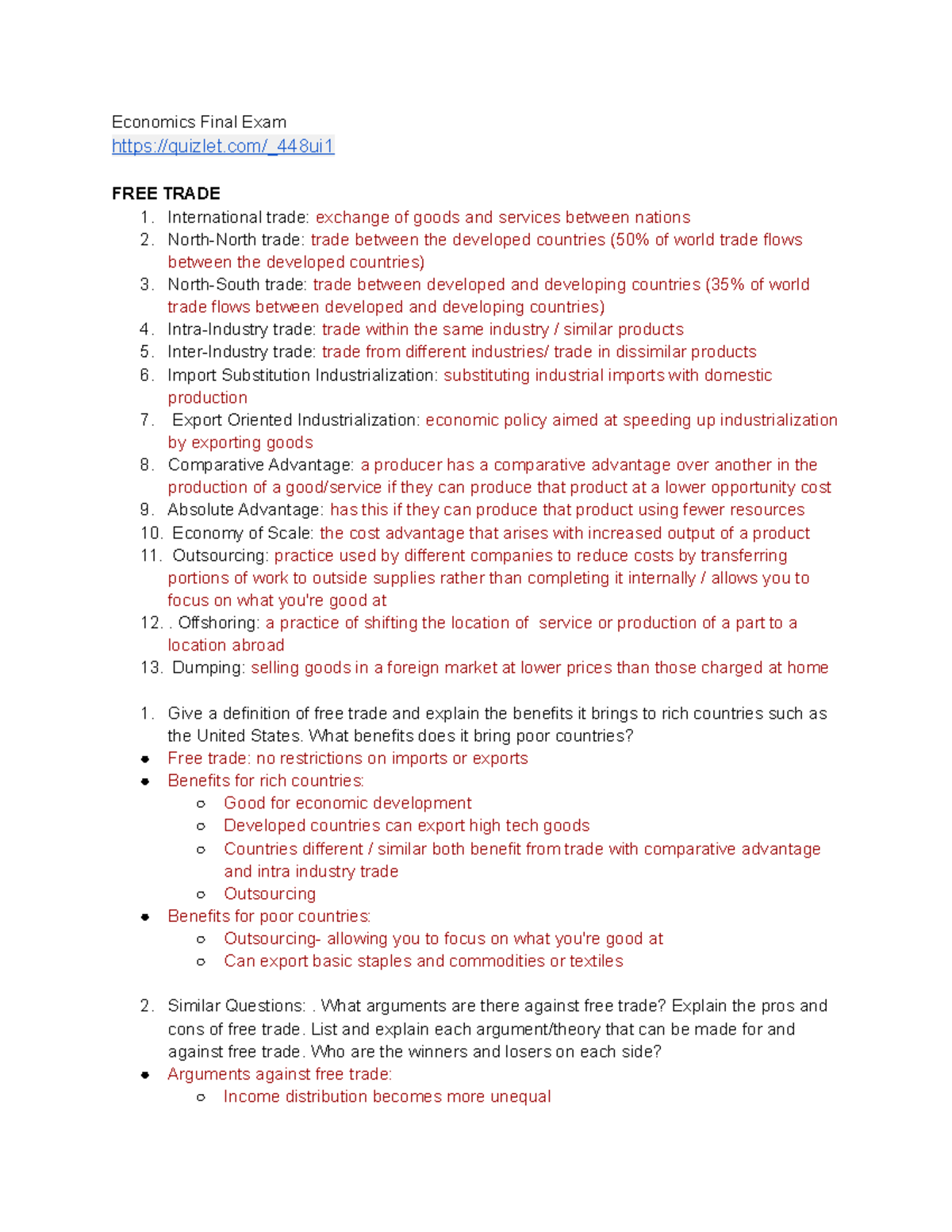 Economics Final Exam - Economics Final Exam Quizlet/_448ui FREE TRADE ...