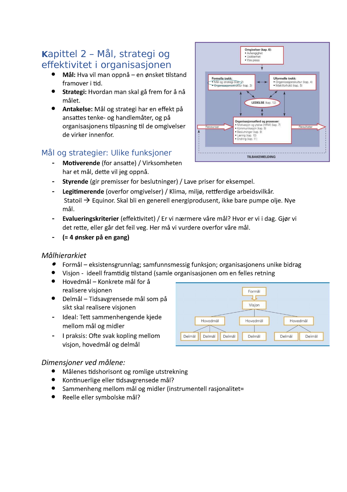 Organisasjon Og Ledelse Sammendrag - Kapittel 2 – Mål, Strategi Og ...