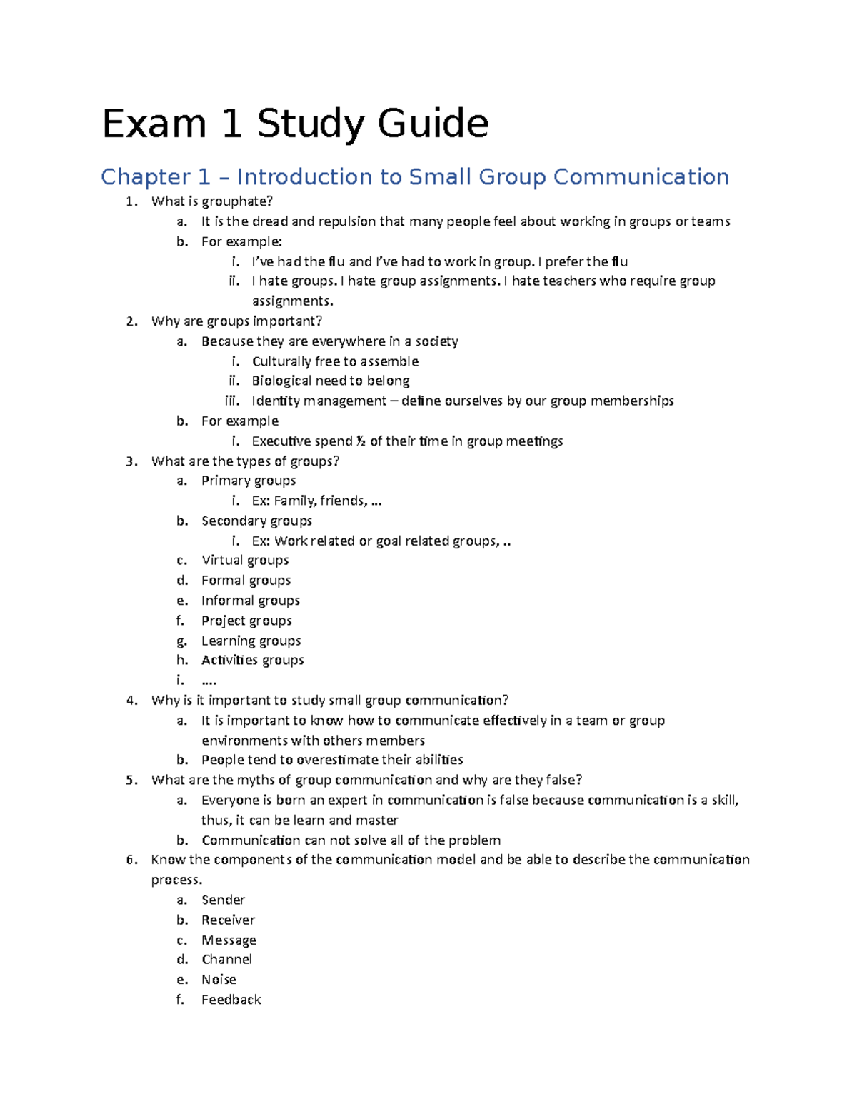 Exam 1 Study Guide - Exam 1 Study Guide Chapter 1 – Introduction To ...