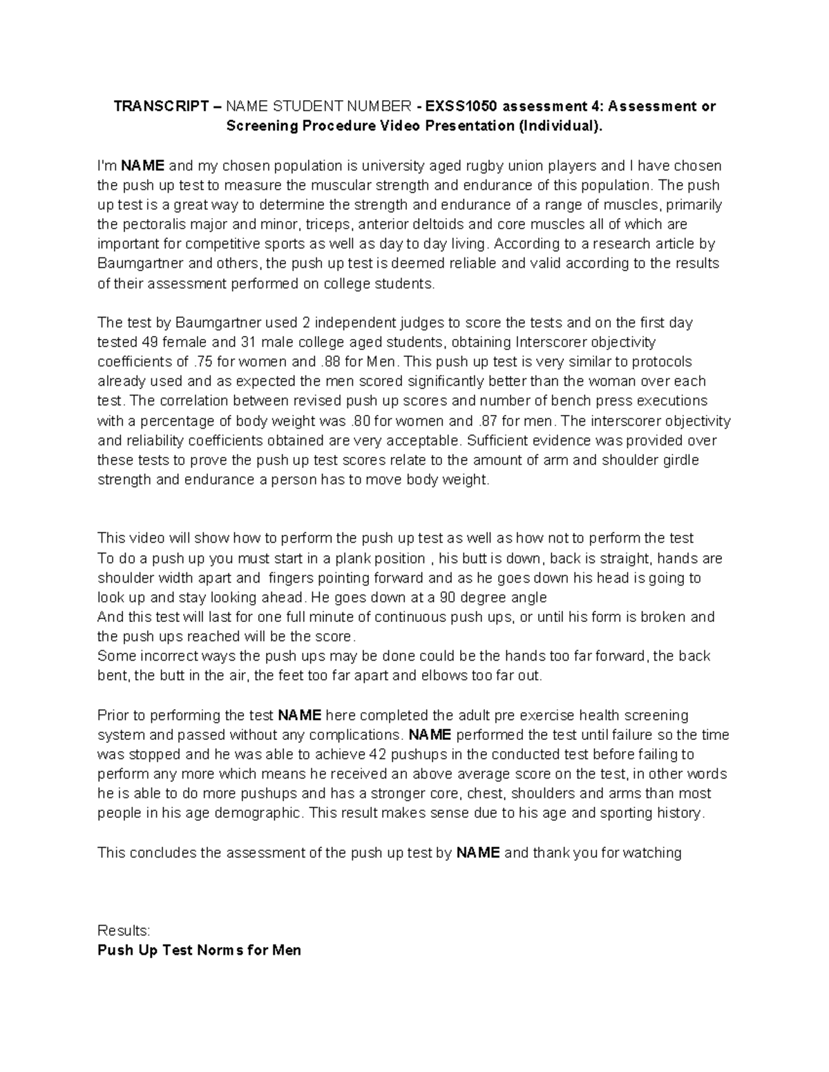 Transcript for a EXSS1050 Assessment or Screening Procedure Video ...