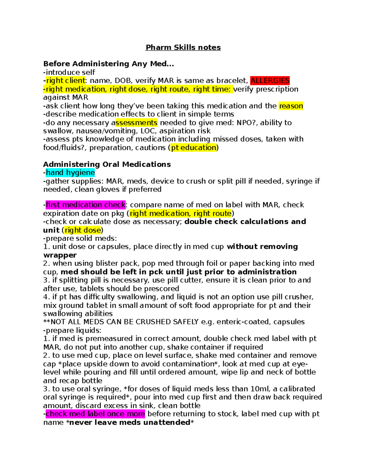 Pharm Skills notes week 1 - Pharm Skills notes Before Administering Any ...
