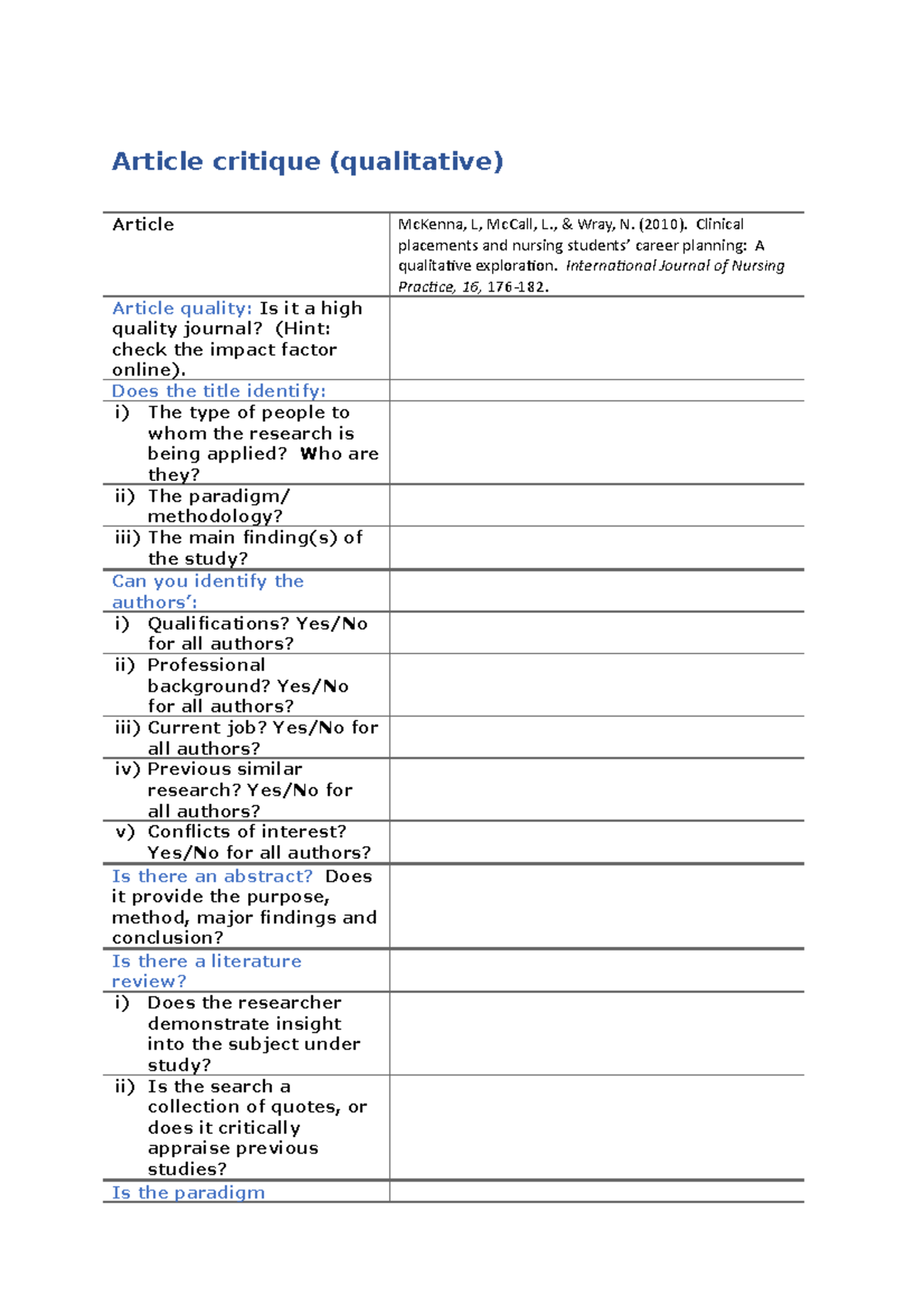 Week 3 mixed qualitative template - Article critique (qualitative ...