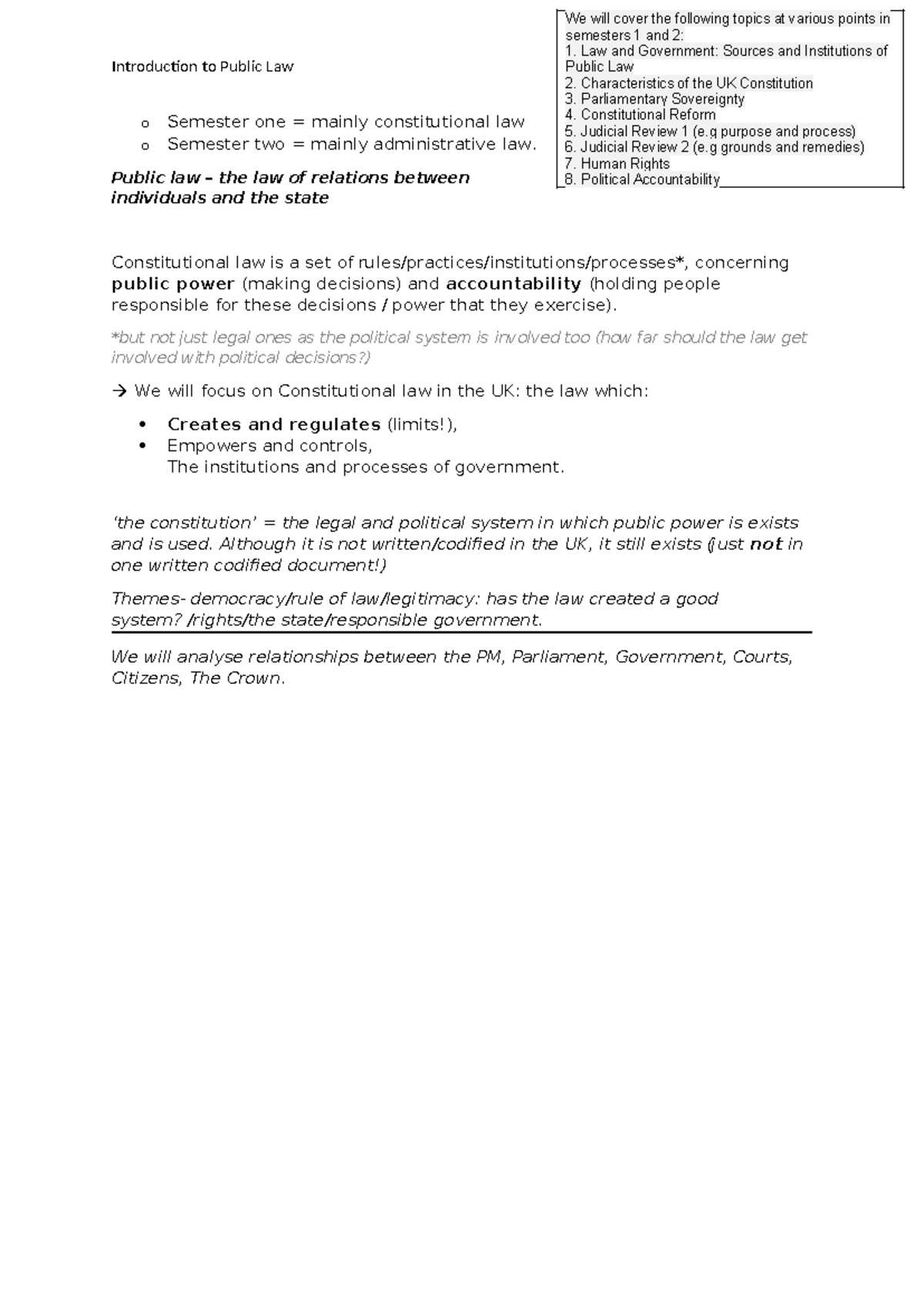 Lecture 1 Intro to public law - Introduction to Public Law o Semester ...