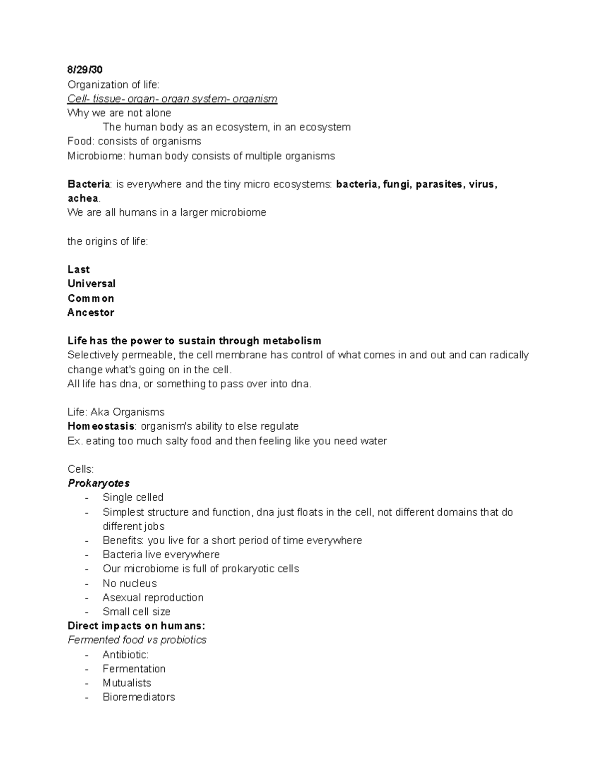 BIO big notes semester one - 8/29/ Organization of life: Cell- tissue ...