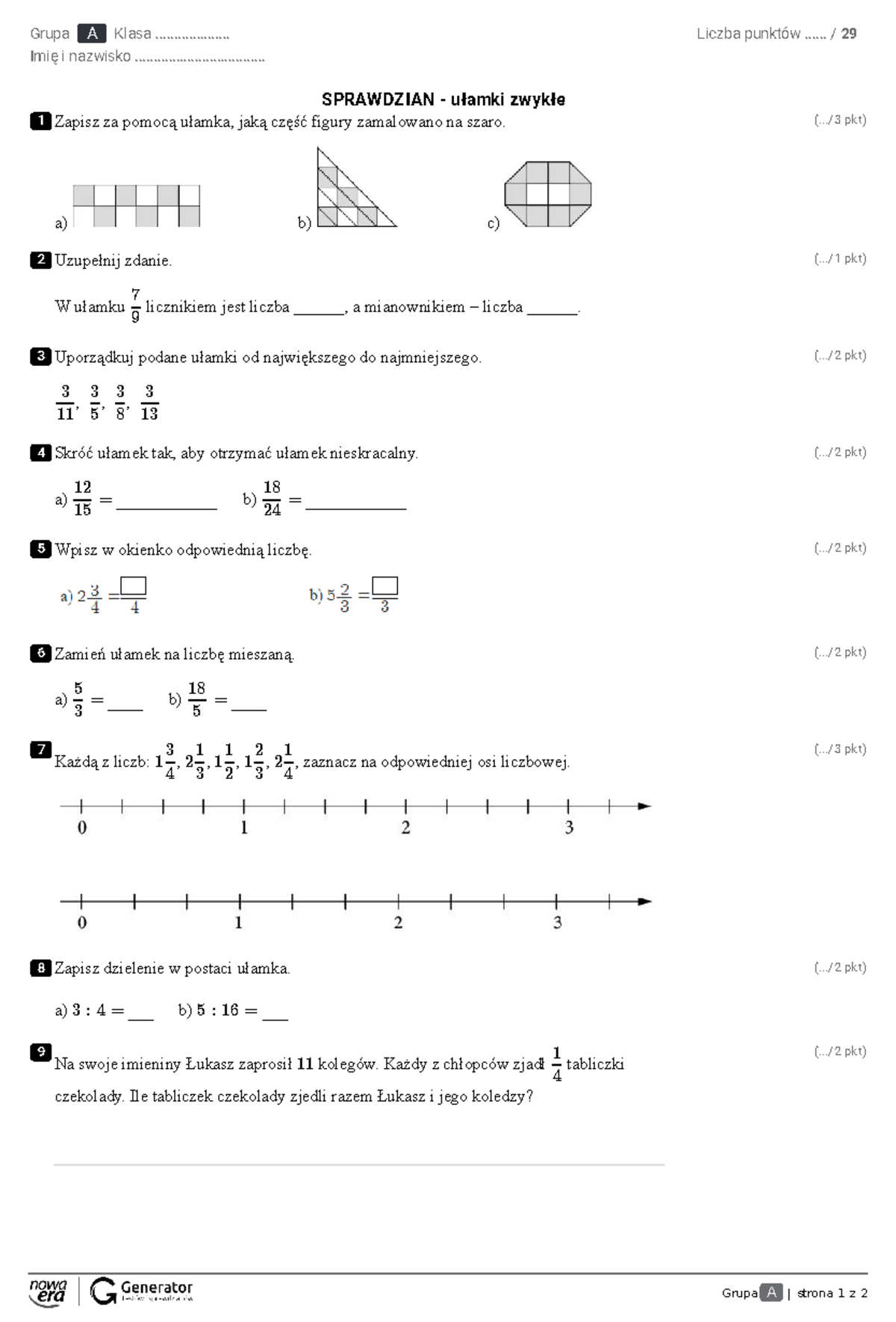 Sprawdzian 1 Gimnazjum Matematyka Ułamki Chleb www.studocu.com