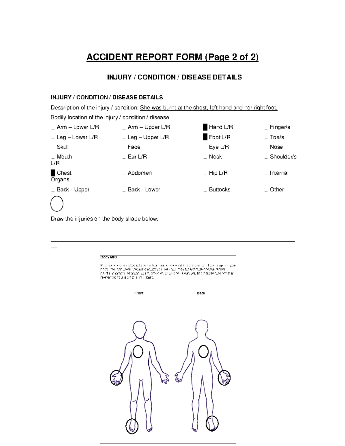 Body map - Emergency procedure - ACCIDENT REPORT FORM (Page 2 of 2 ...