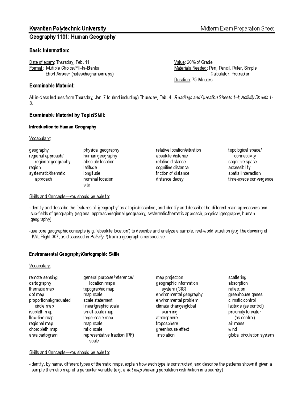 MT Prep Summary Human Geography Kwantlen Polytechnic University Geography 1101 Human