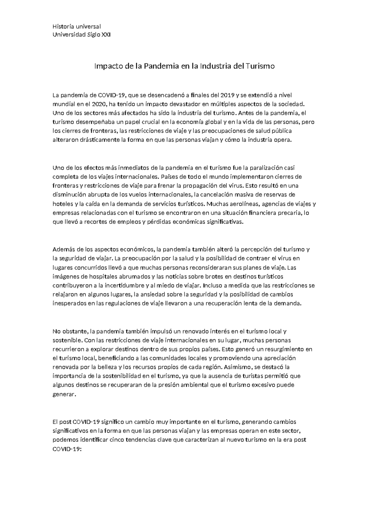 Impacto de la Pandemia en la Industria del Turismo - Uno de los ...