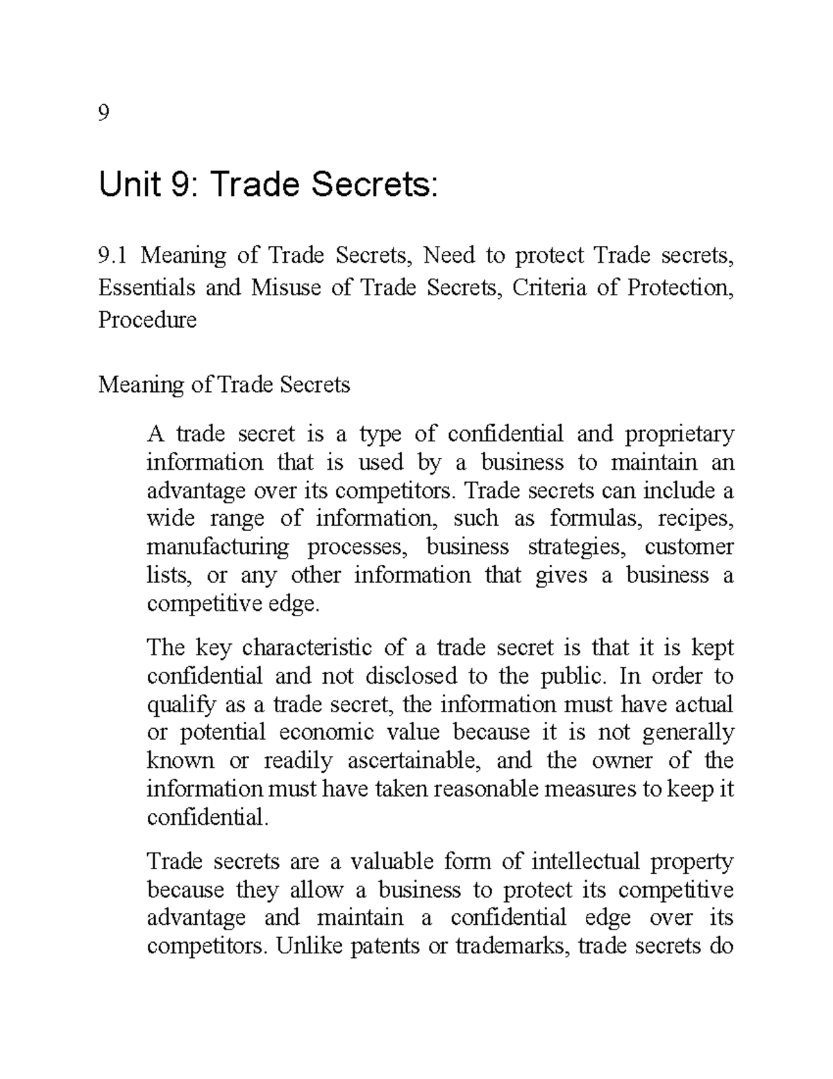 Unit 9 Trade Secrets Full course 9 Unit 9 Trade Secrets 9 Meaning of Trade Secrets, Need