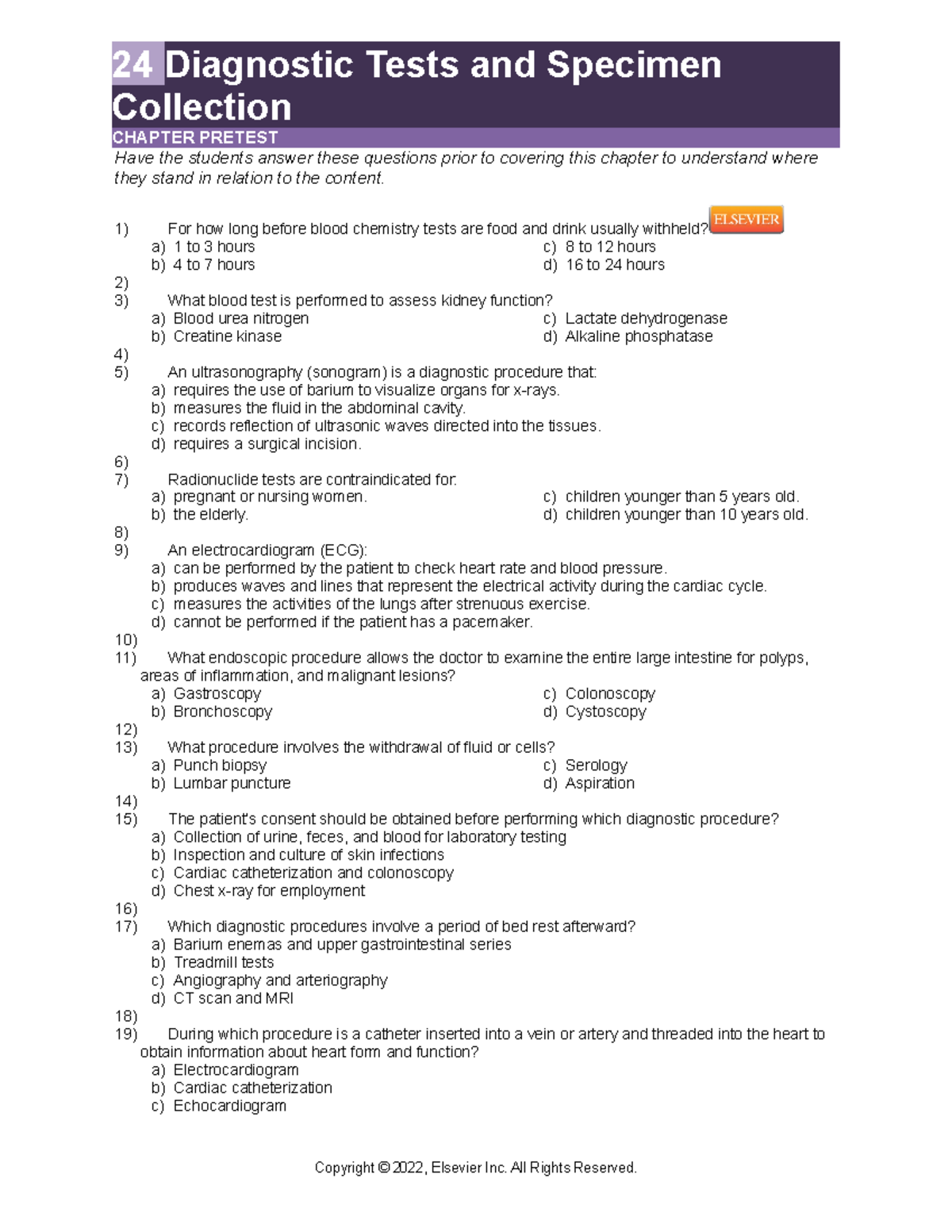 Williams Pretest Chapter 024 24 Diagnostic Tests and Specimen