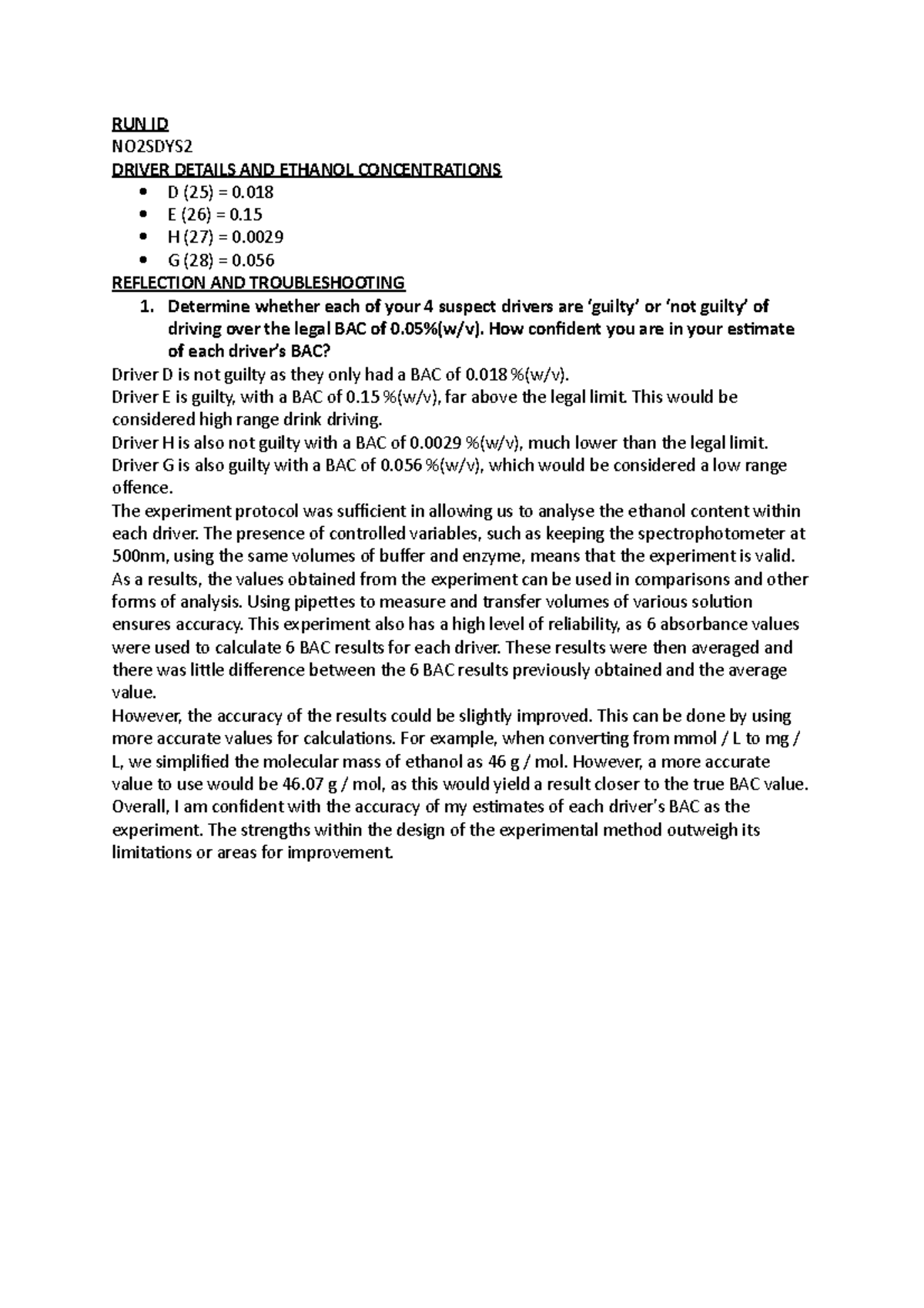 ELMA Responses RUN ID NO2SDYS DRIVER DETAILS AND ETHANOL