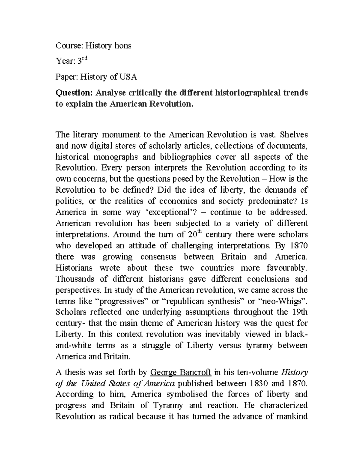 American Revolution History of USA - Course: History hons Year: 3rd ...