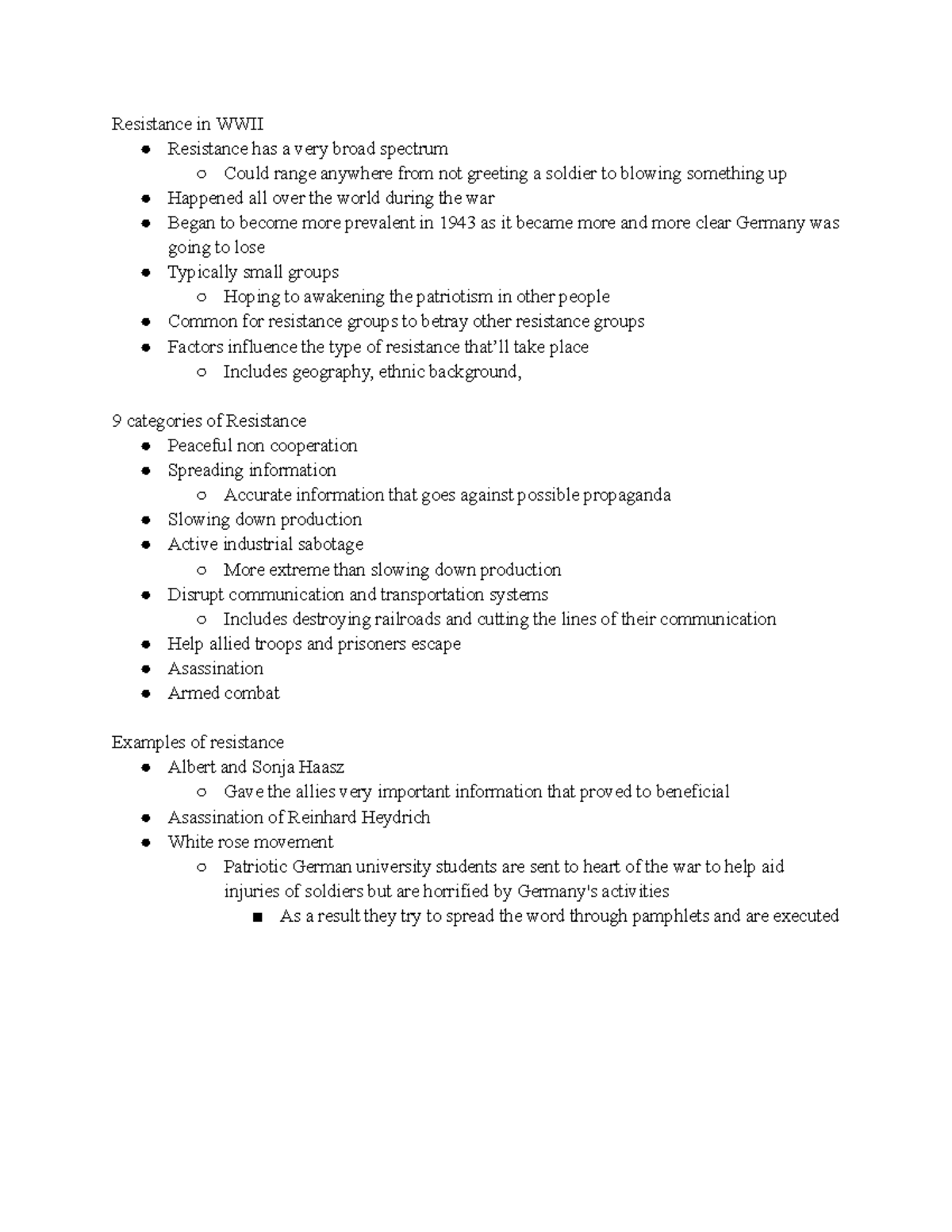 History notes 9 - Resistance in WWII Resistance has a very broad ...