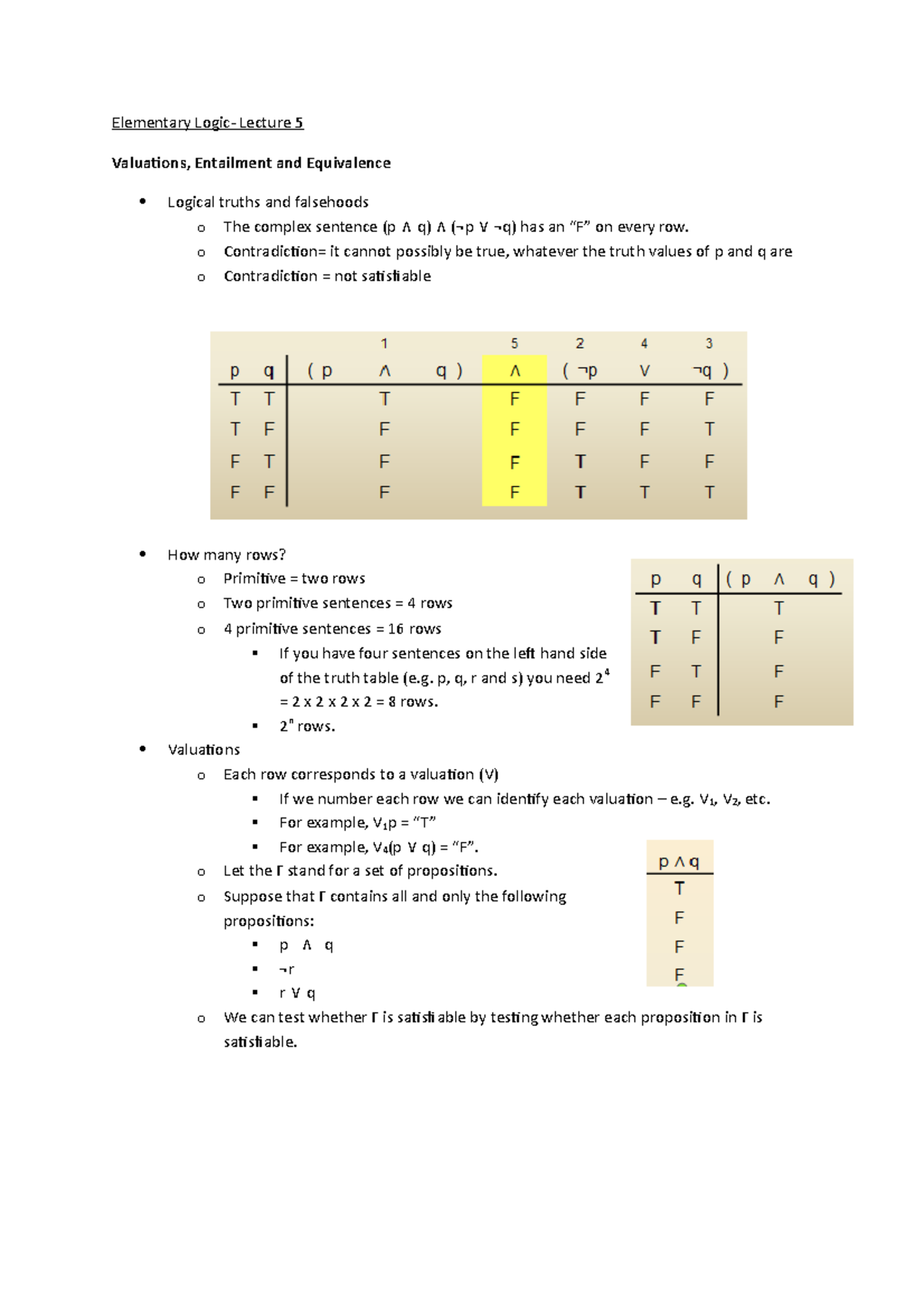 Lecture 5 Good Elementary Logic Lecture 5 Valuations, Entailment