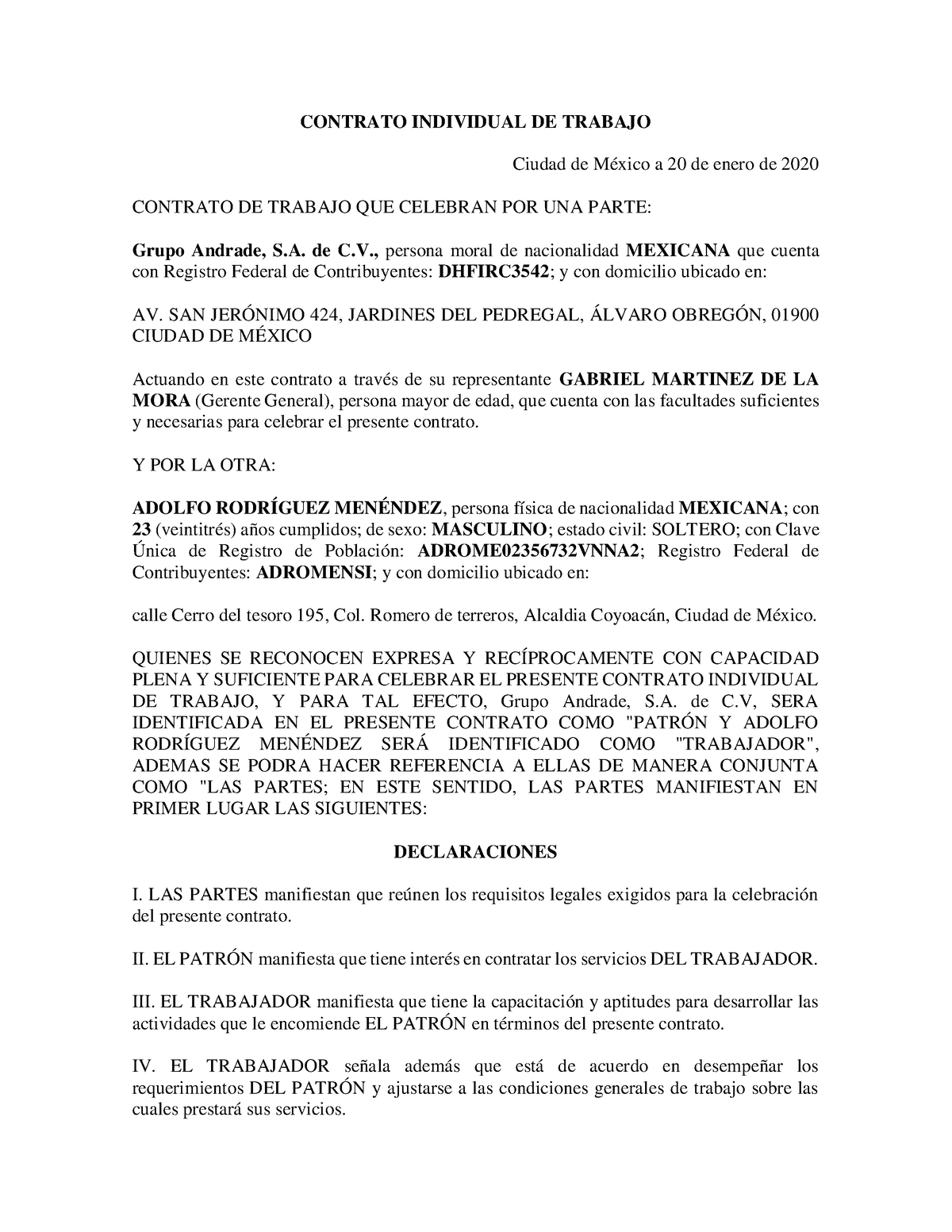 Contrato Individual De Trabajo 1 Contrato Individual De Trabajo Ciudad De México A 20 De 8672